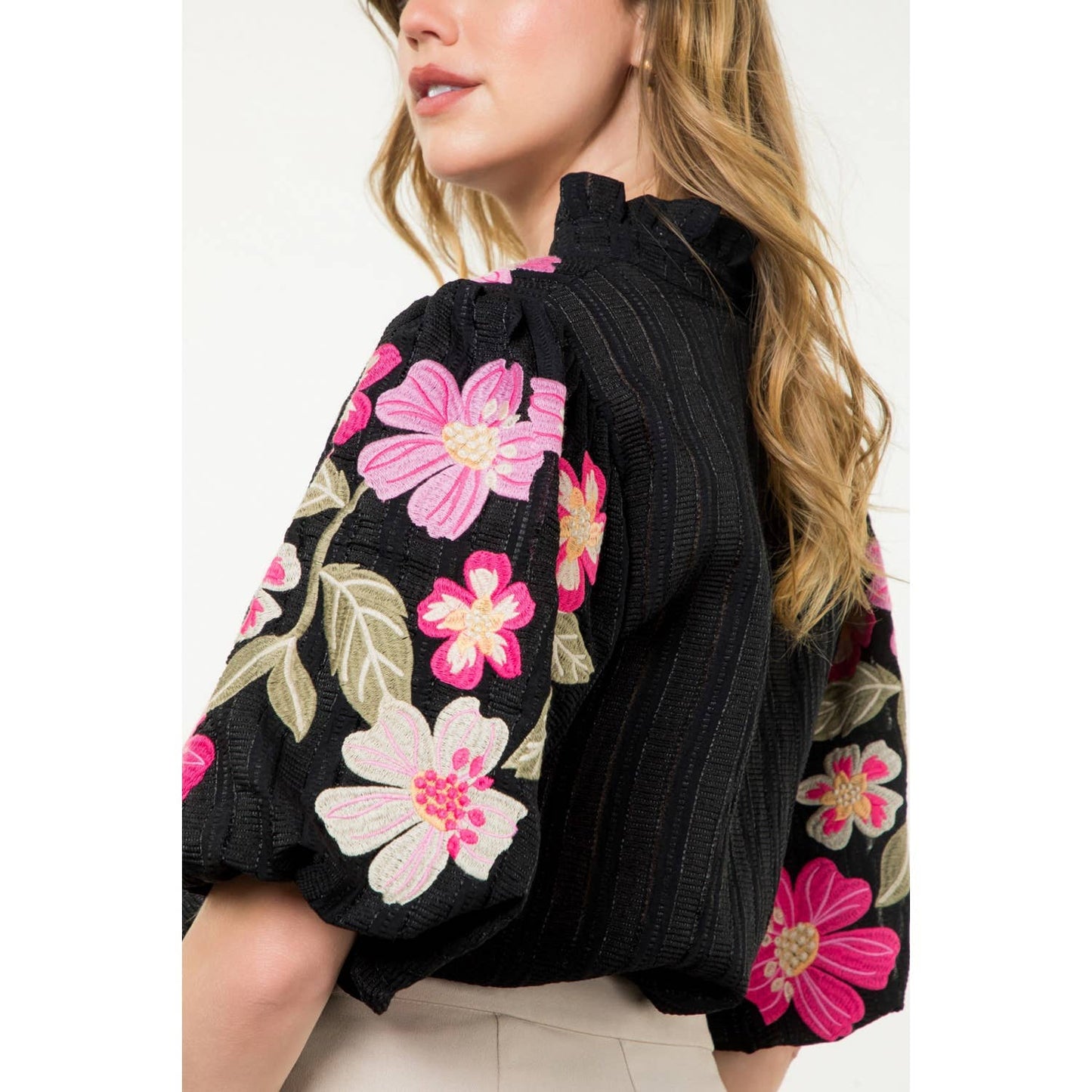 Embroidered Puff Sleeve Textured Top