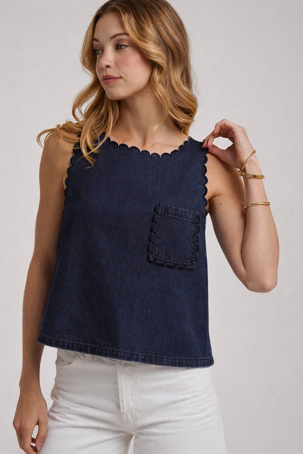 GAME DAY COLOR DENIM SLEEVELESS TOP WITH SCALLOPED EDGE
