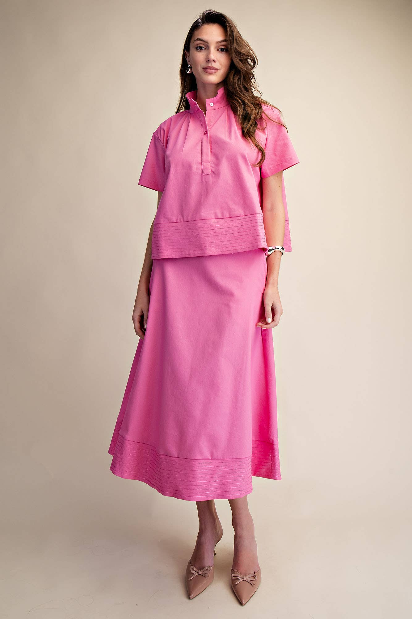 Stand Collar Short Sleeve Stitch Detail Shirt