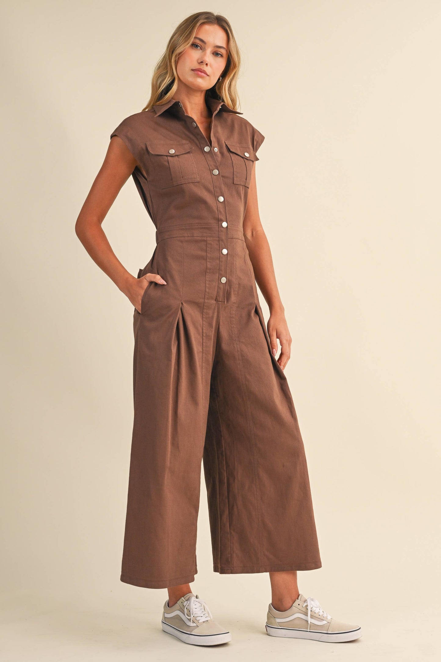 IJP3398 STRETCH COTTON TWILL WIDE LEG CROPPED JUMPSUIT