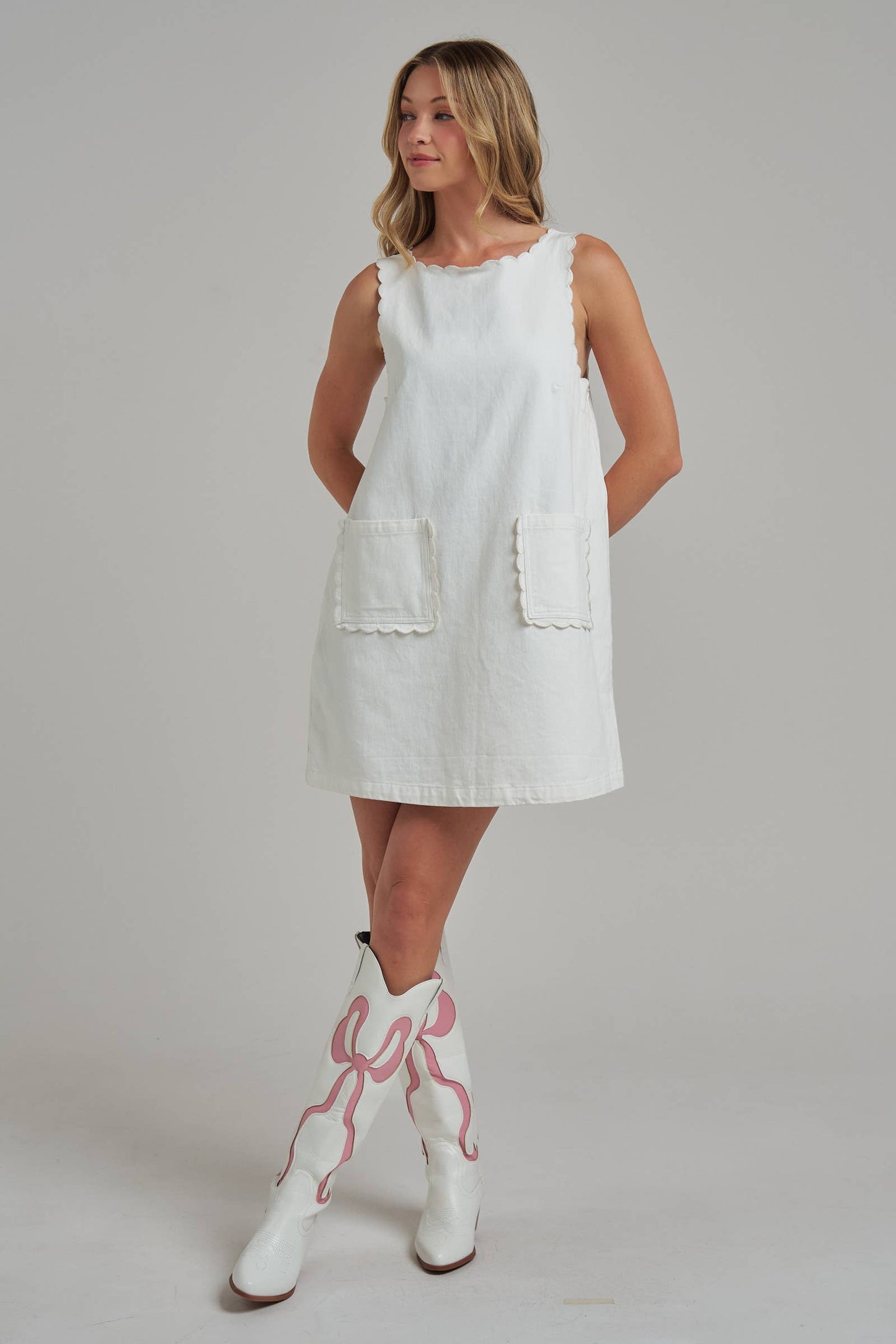 GAME DAY COLOR DENIM MINI DRESS WITH SCALLOPED EMBROIDERY