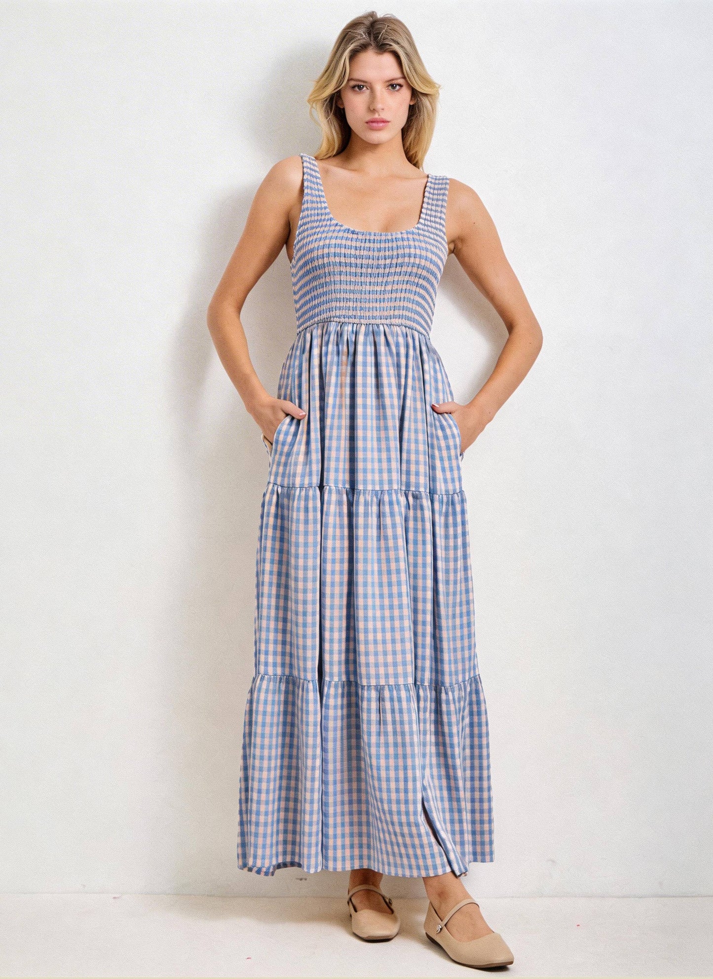 SMOCKED BODICE GINGHAM MAXI DRESS