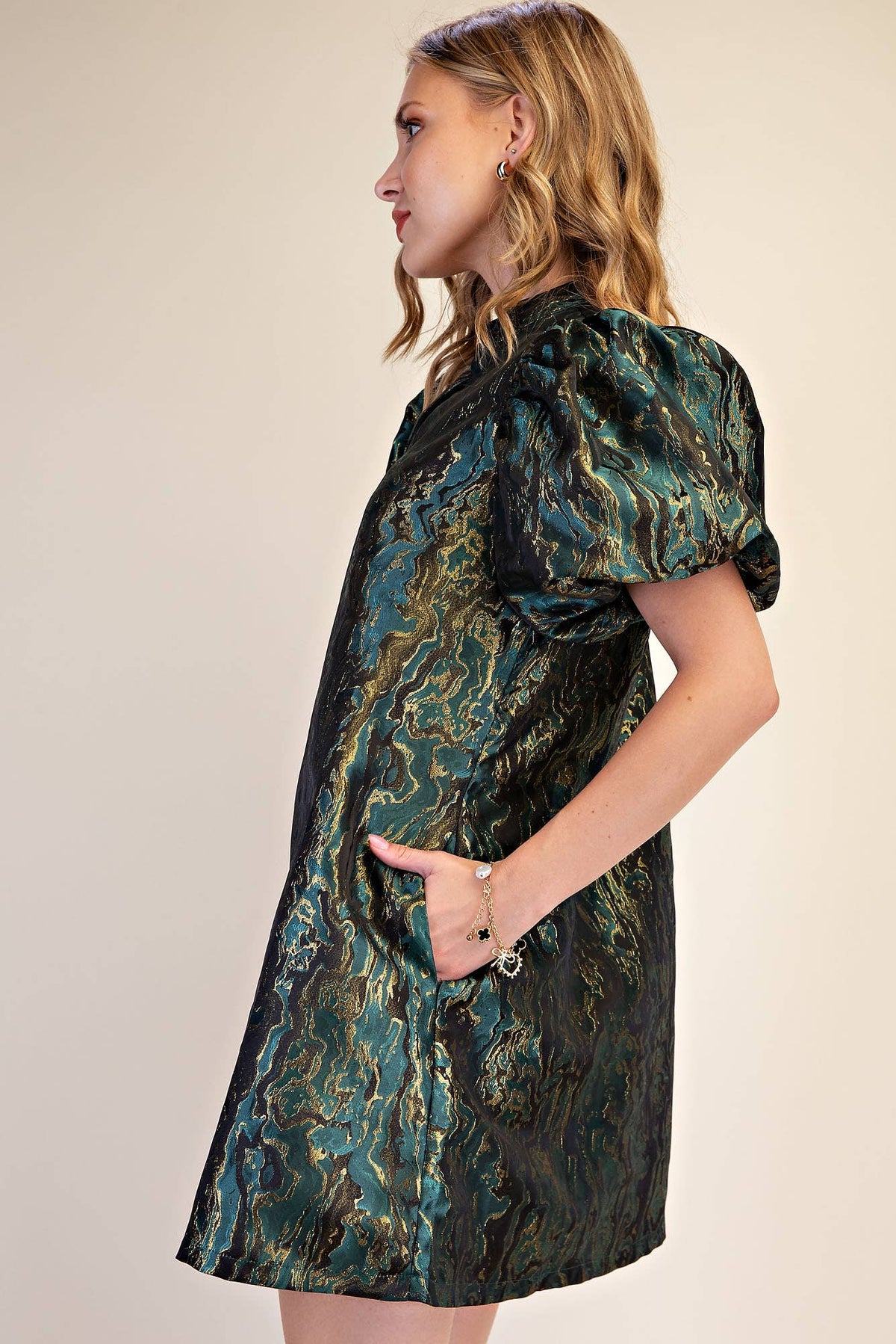 Metallic Jacquard Puff Sleeve Mini Holiday Dress