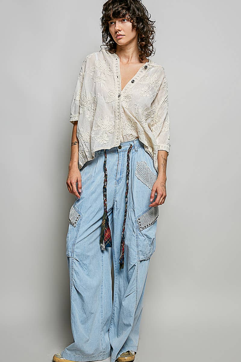 Short Sleeve Border Floral Embroidery Crochet Top
