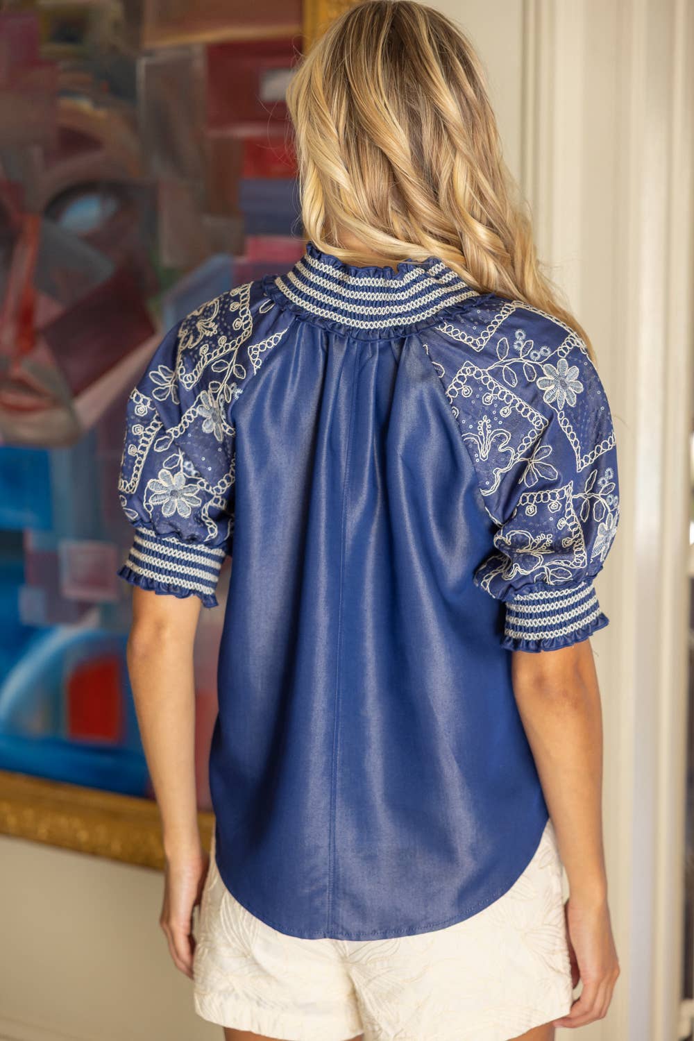 36640 Smocked Band Floral Embroidery Chambray Top