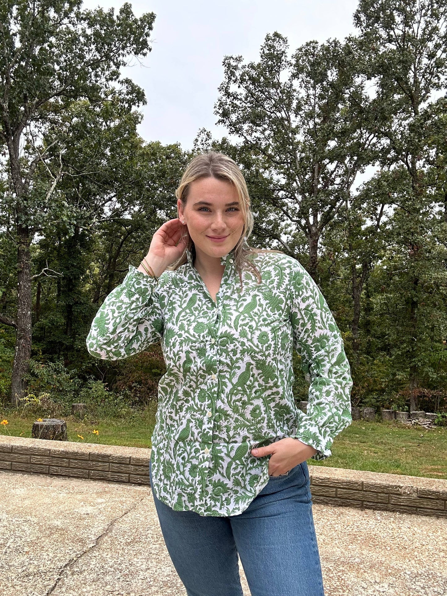 Peacock Block Print Ruffled Collared Womens Blouse