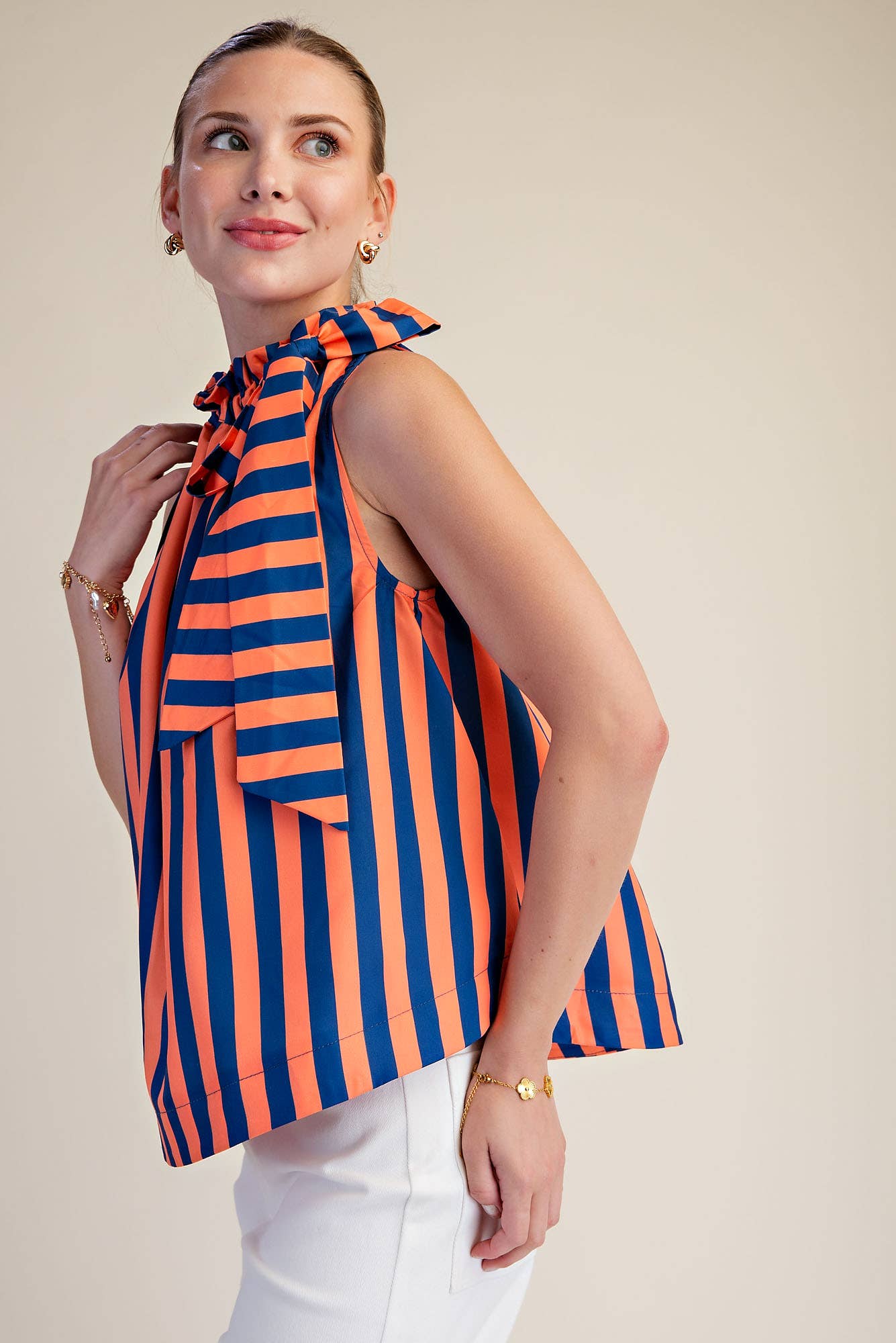 Ruffle Neck Tie Sleeveless Stripe Top