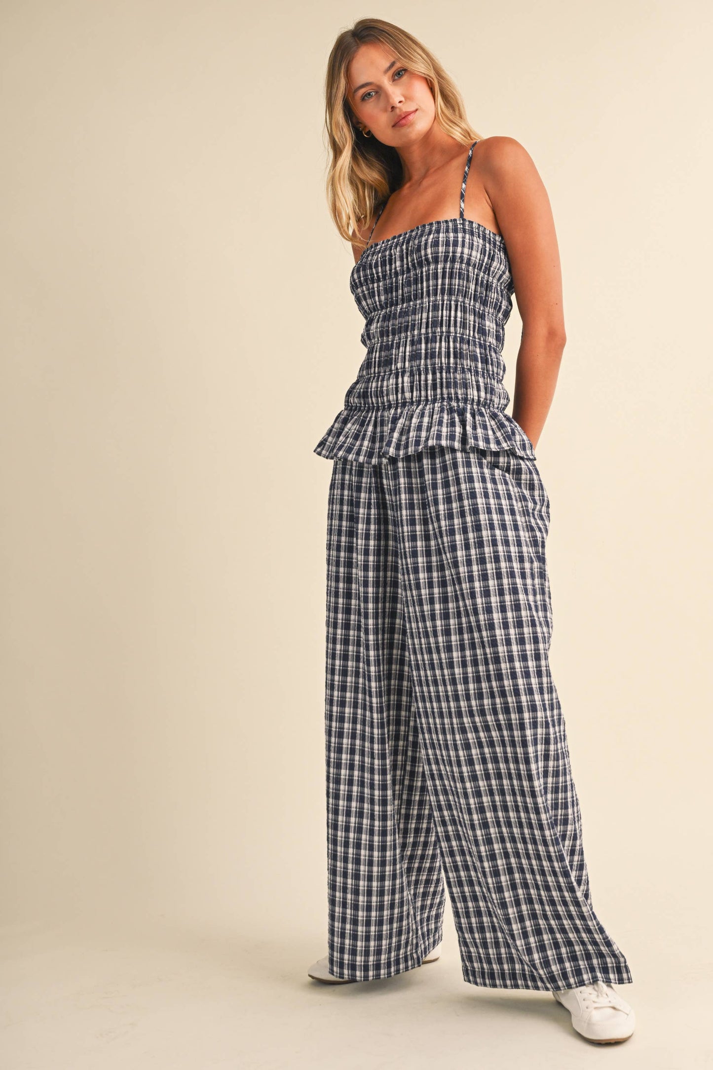 IJP3426-A  RUFFLED HEM SMOCKED TOP PLAID WIDE LEG JUMPSUIT