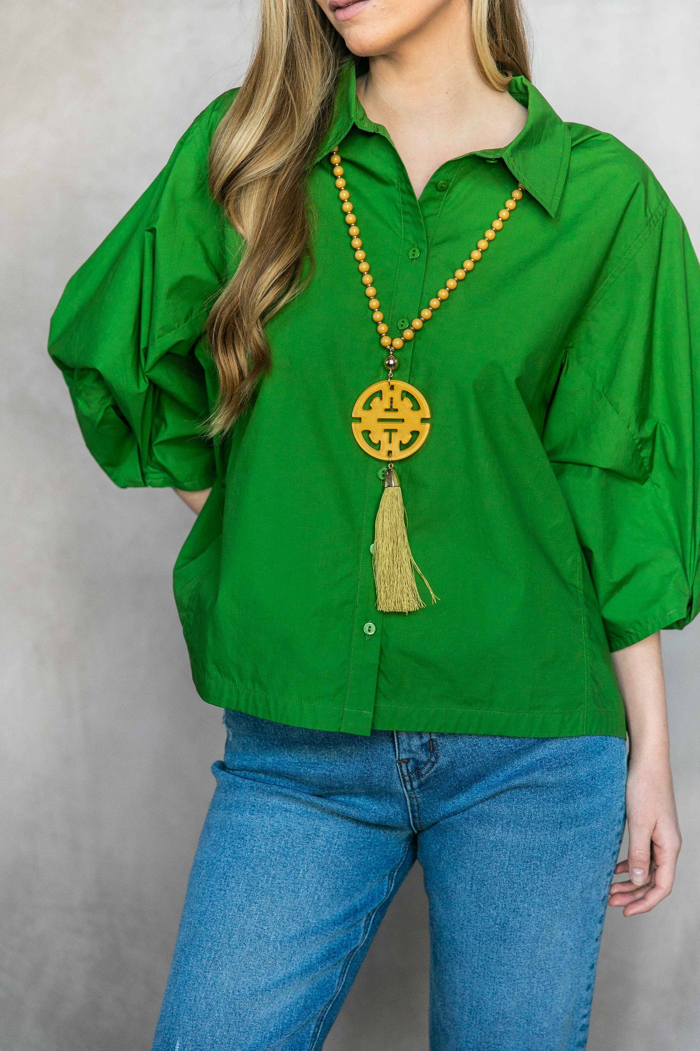 Poplin Bishop Sleeve Button Up Shirt