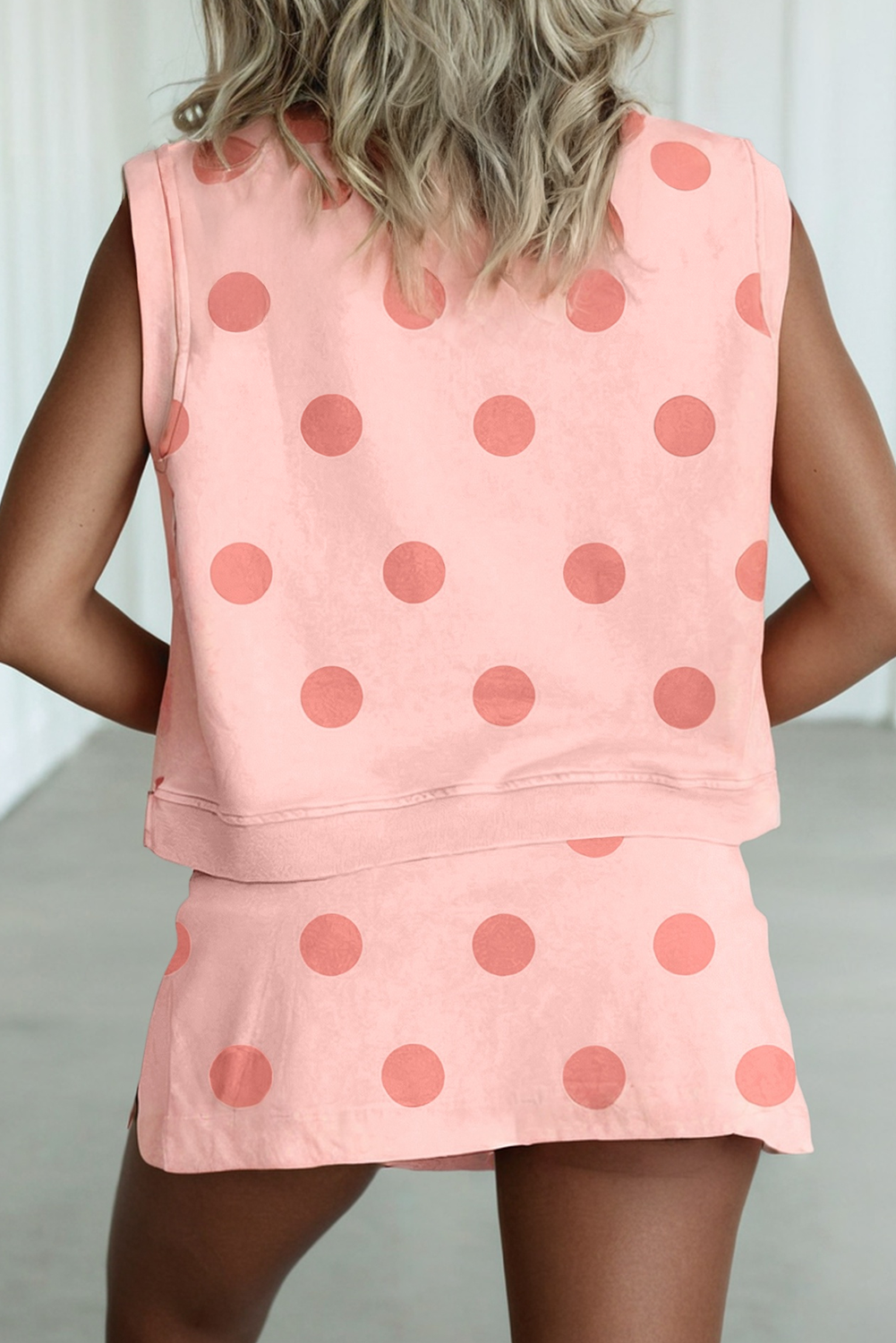 LAS Ribbed Trim Polka Dot Tank Split Mini Skort Set(S-4X)