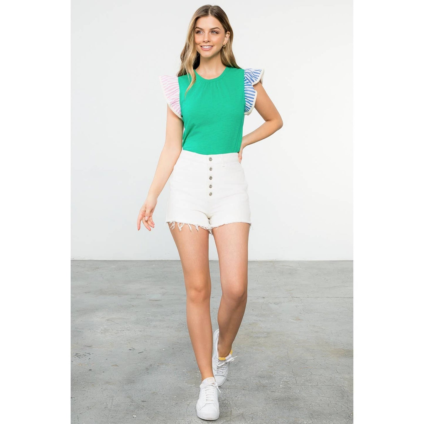 Colorblock Sleeve Knit Top with Ruffle Shoulder Trim