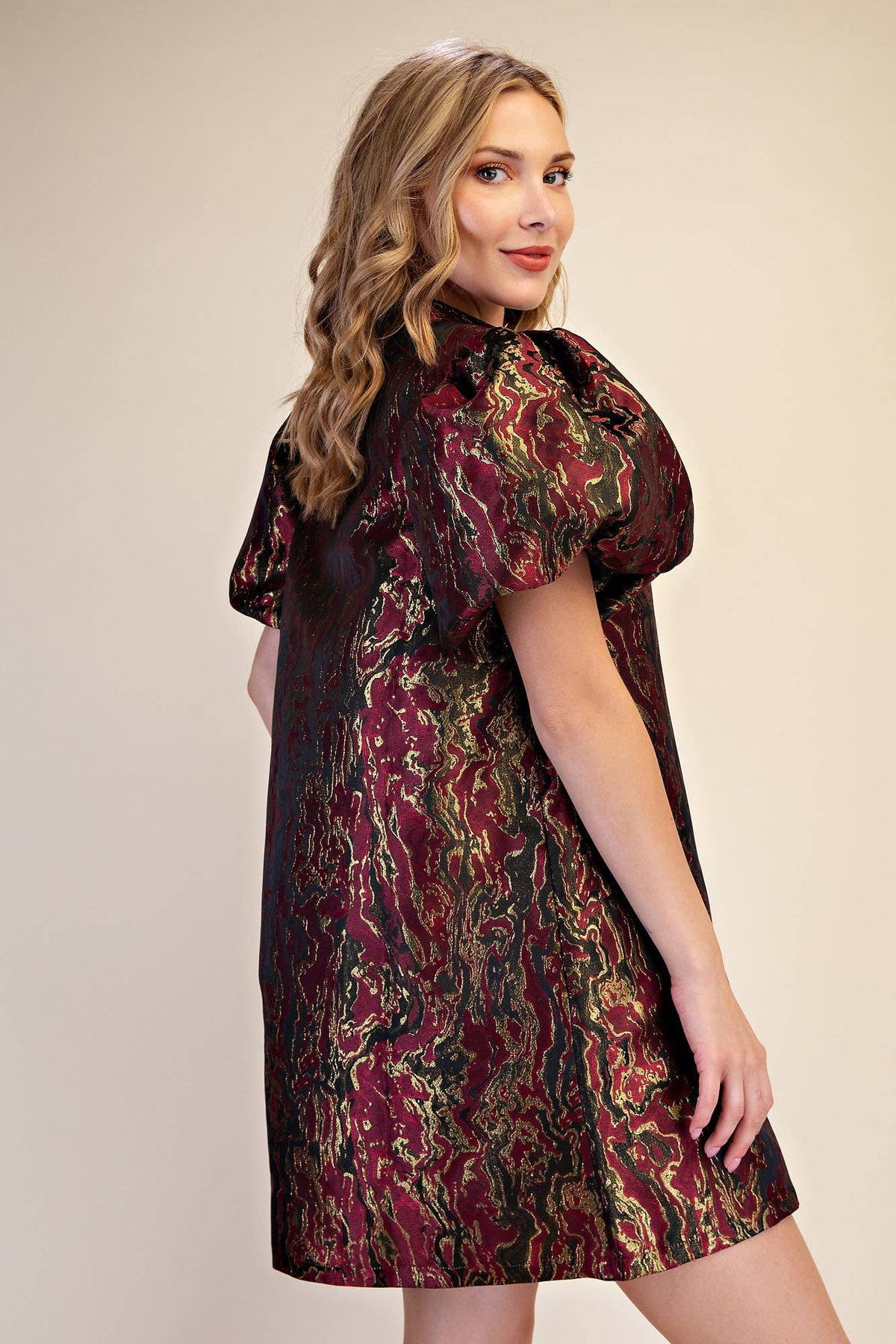 Metallic Jacquard Puff Sleeve Mini Holiday Dress