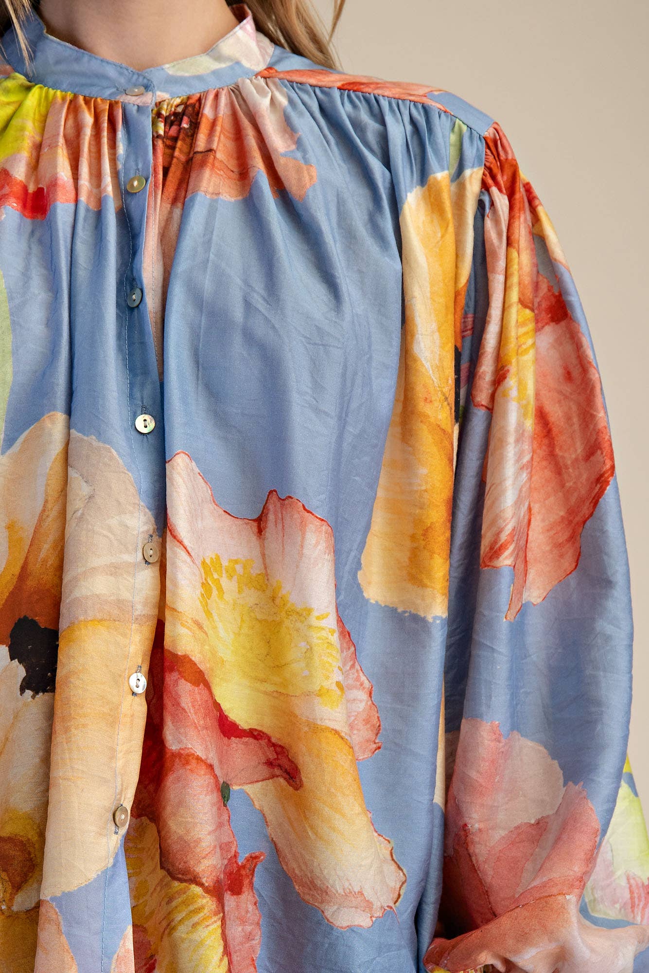 Neck Band Long Sleeve Voluminous Blouse