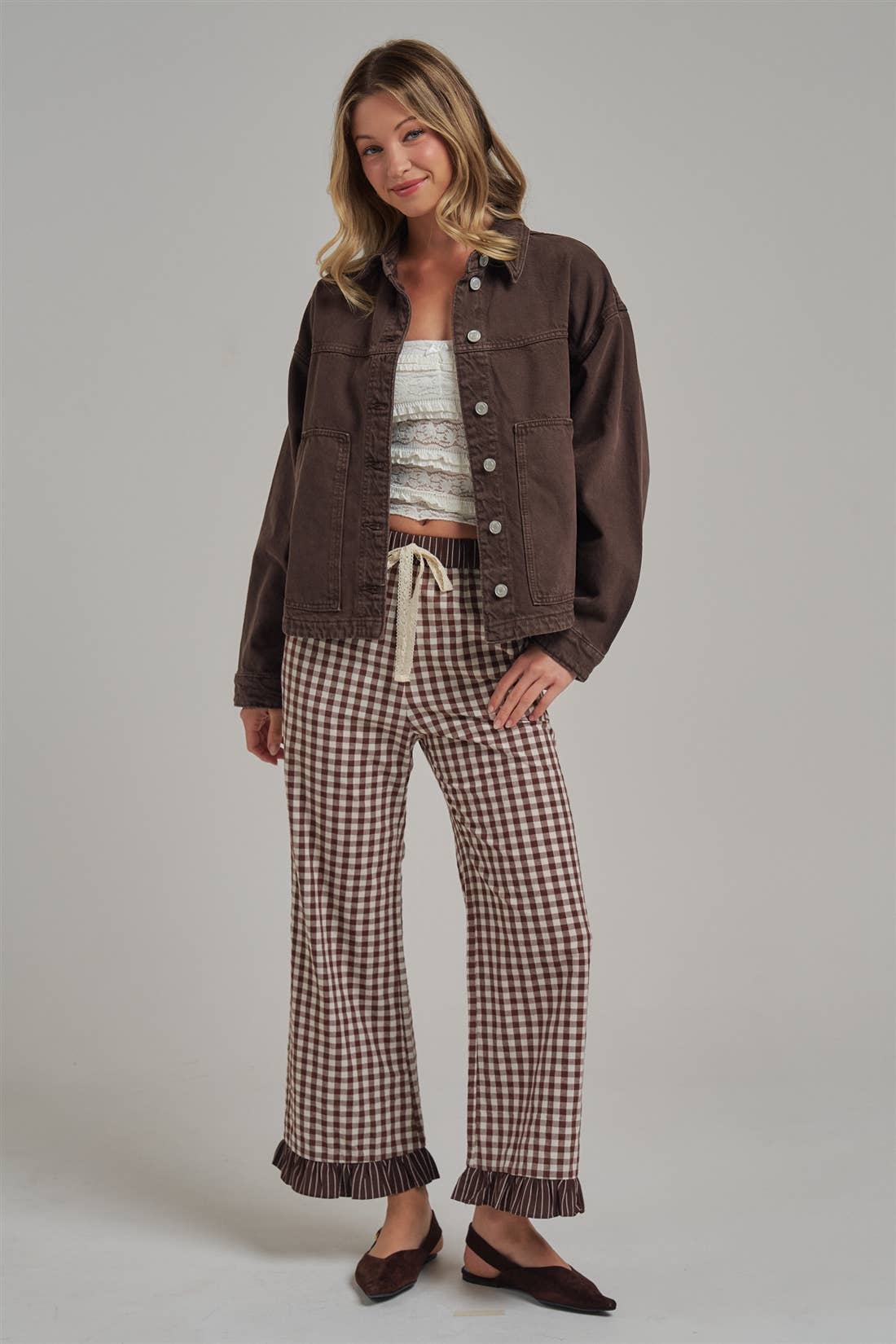 GINGHAM CHECK ELASTIC WAIST PANTS WITH LACE DRASTRING