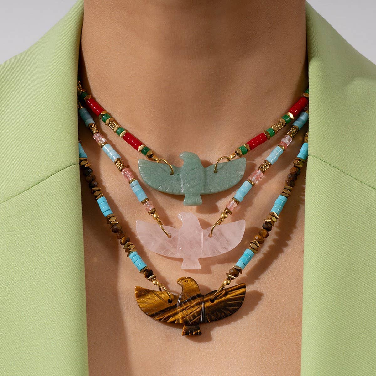 Handmade Eagle Necklace with Gemstone Beads_CWMM7532