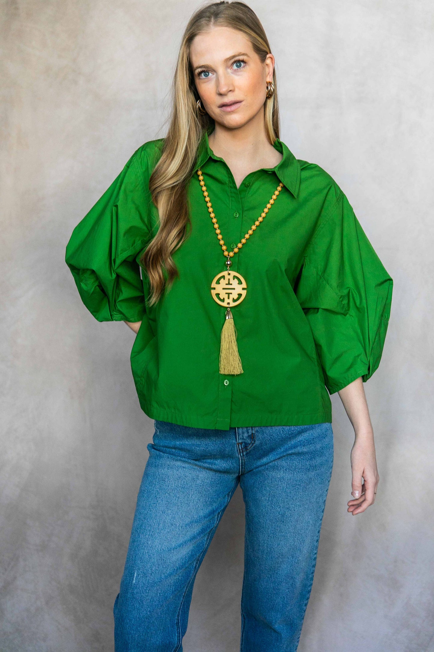 Poplin Bishop Sleeve Button Up Shirt