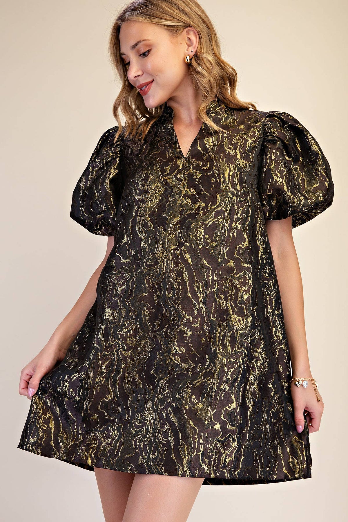Metallic Jacquard Puff Sleeve Mini Holiday Dress