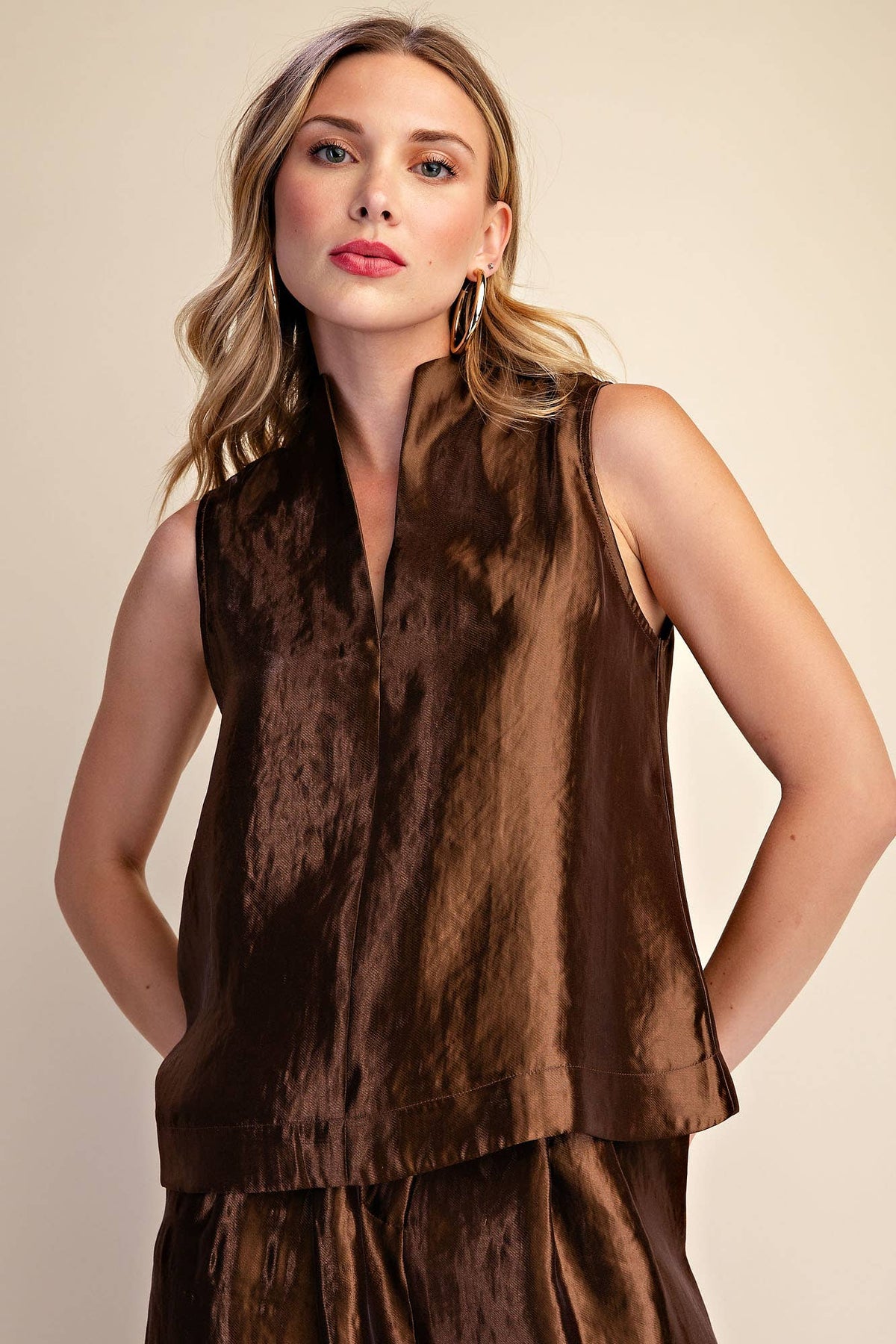 Stand Collar Slit V-Neck Sleeveless Top