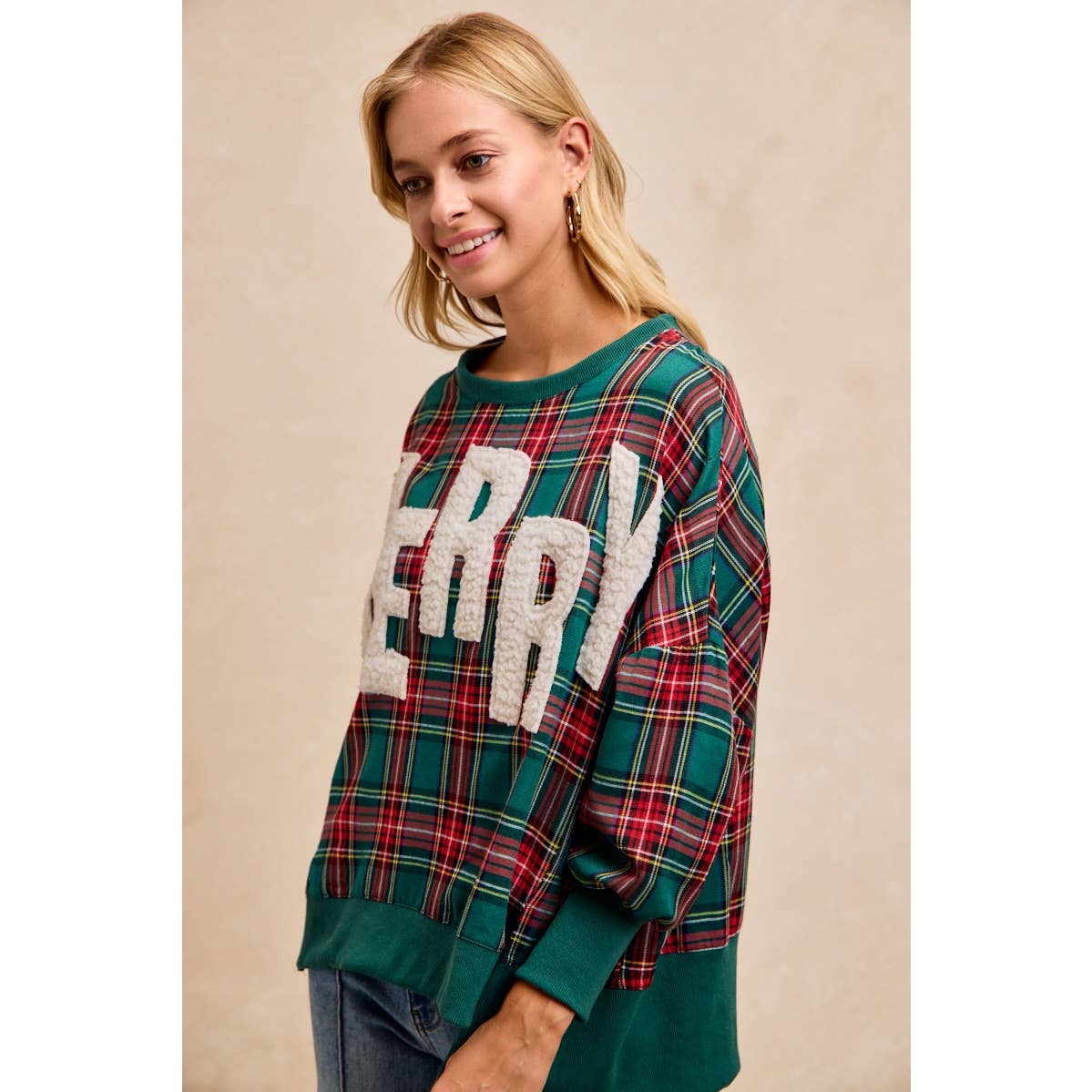MERRY LETTER PATCHES CHRISTMAS PLAID SWEATSHIRT