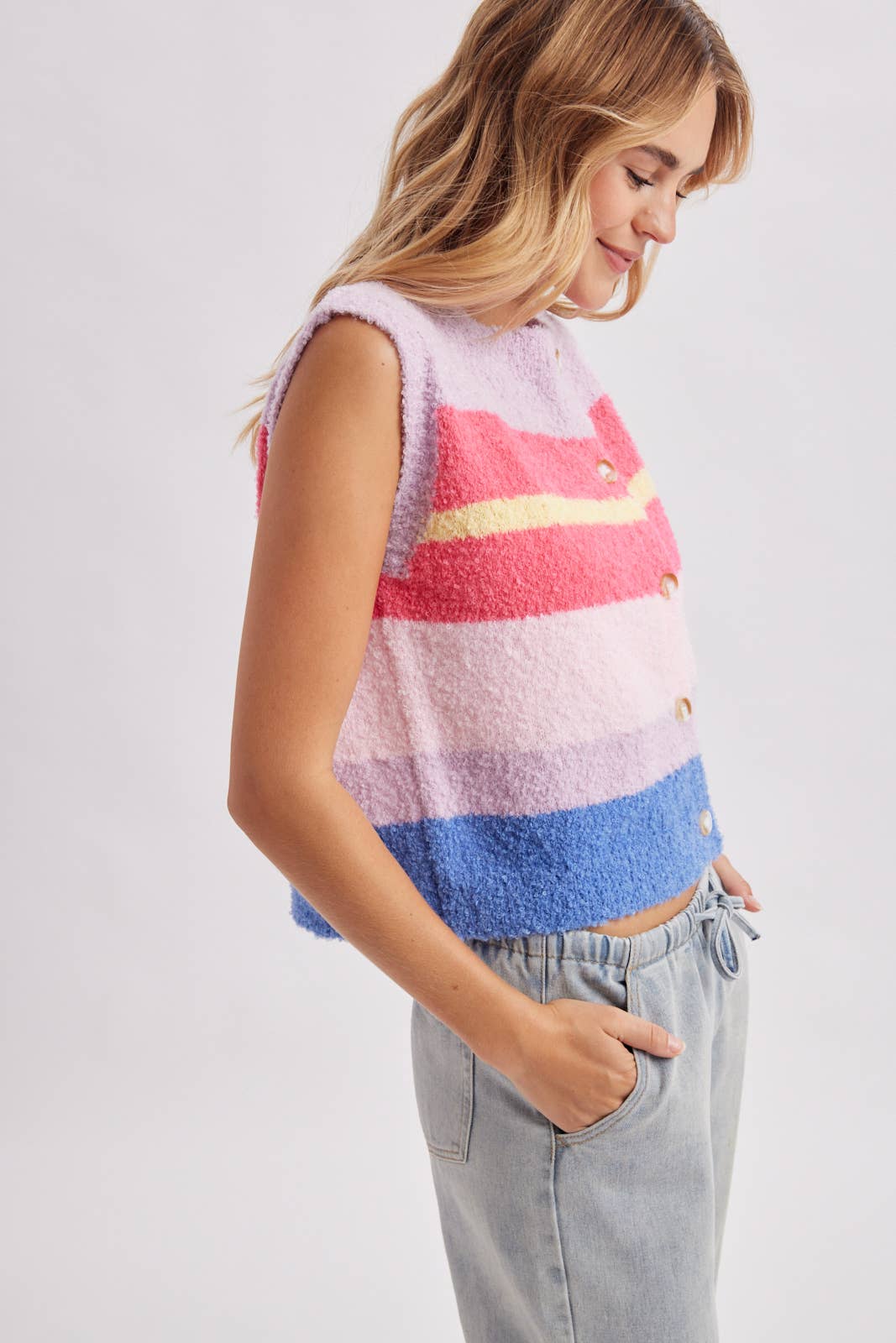 STRIPED MULTI COLOR FUZZY SWEATER VEST / WL26-13898