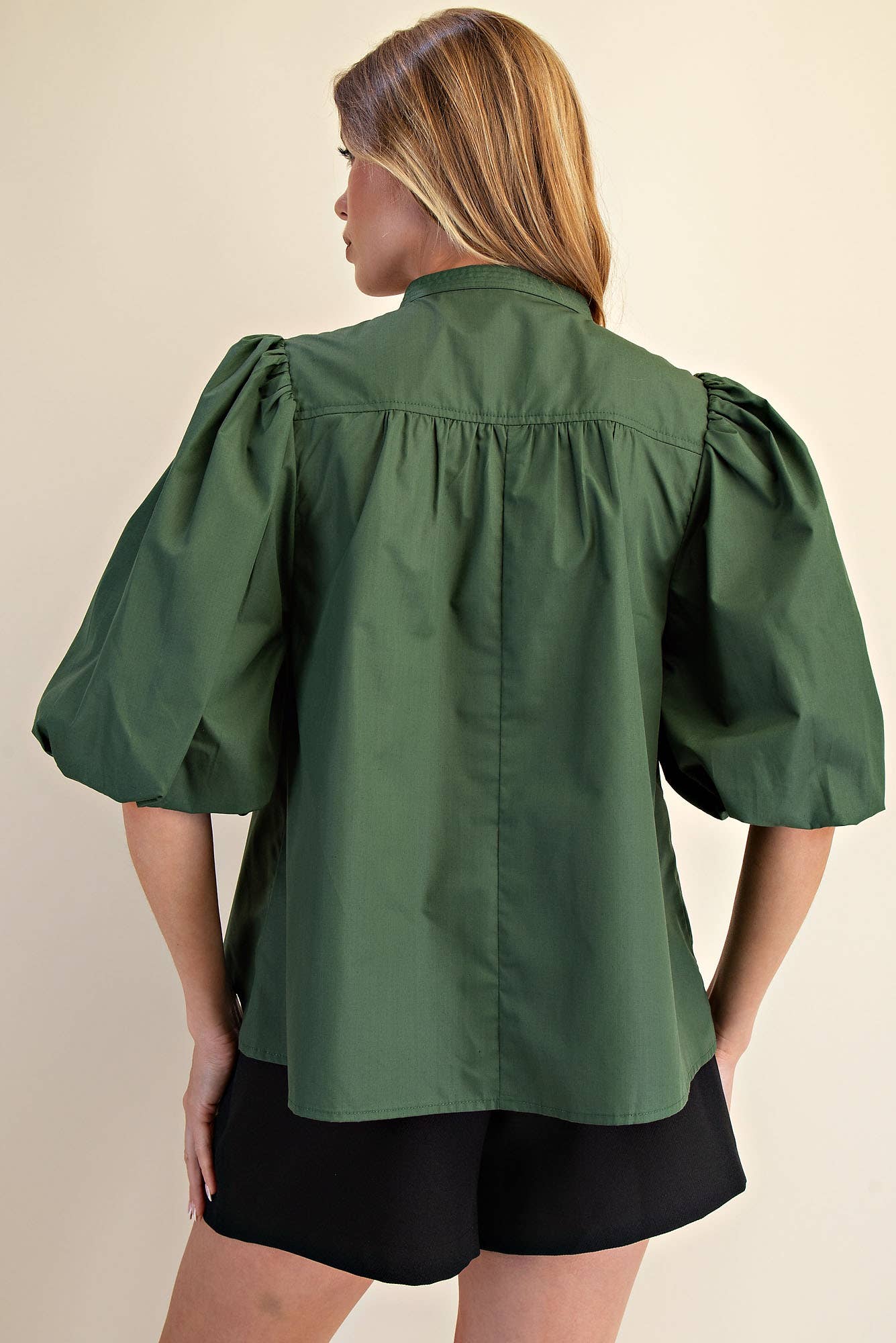 Mandarin Collar V-Neck Bubble Sleeve Poplin Top