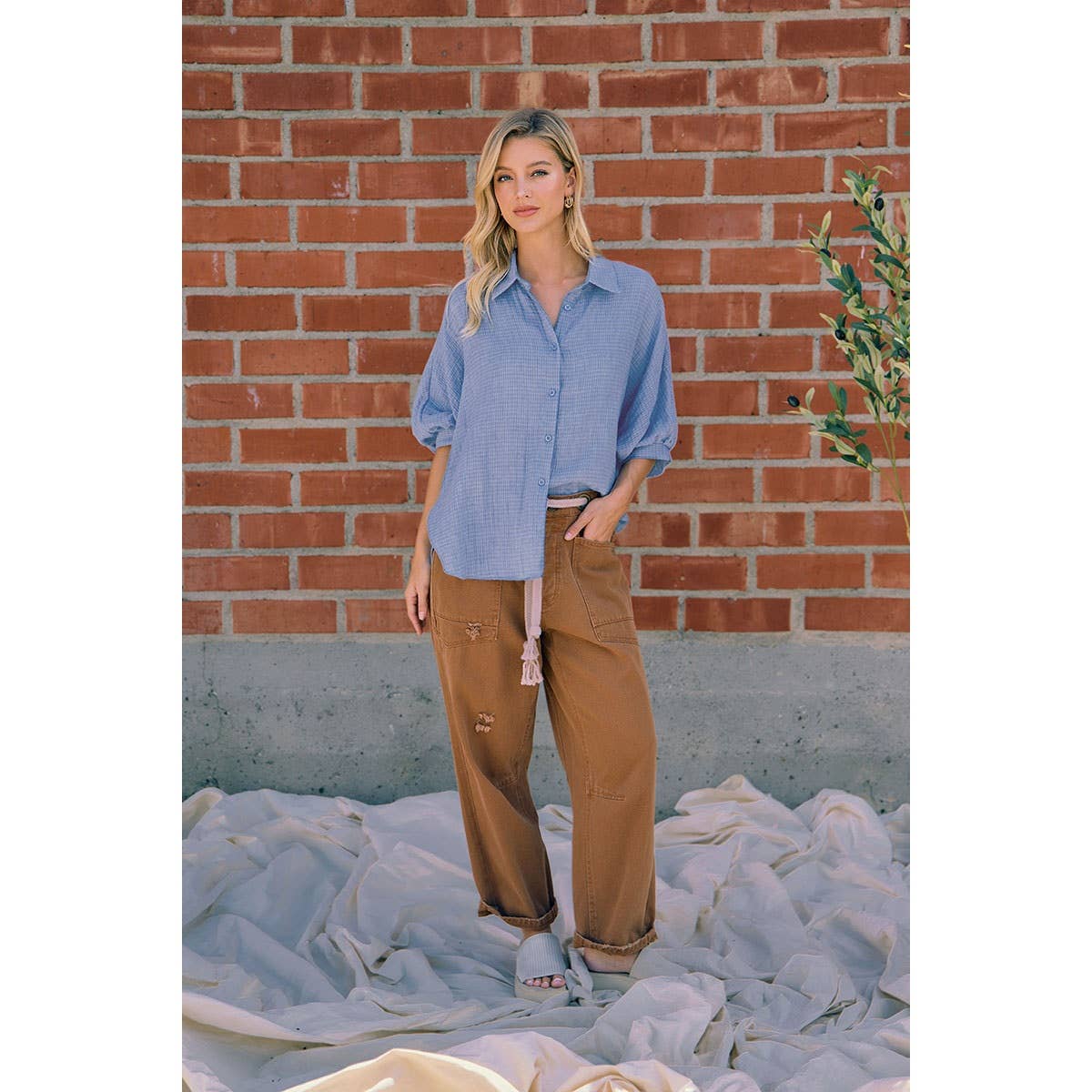 DENIM BLUE GAUZE OVERSIZED BUTTON DOWN SHIRT