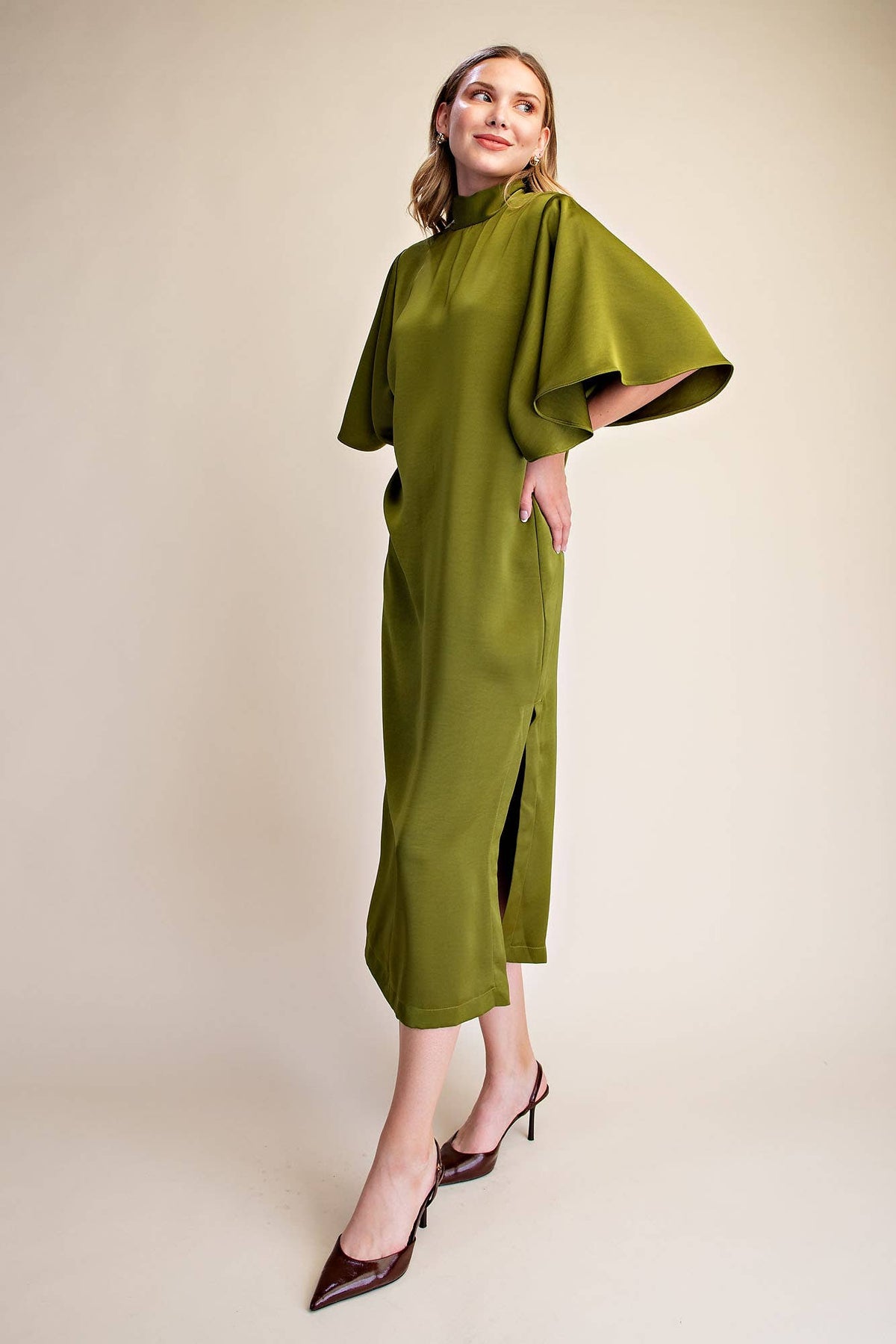Flowy Satin Tie Back Midi Dress