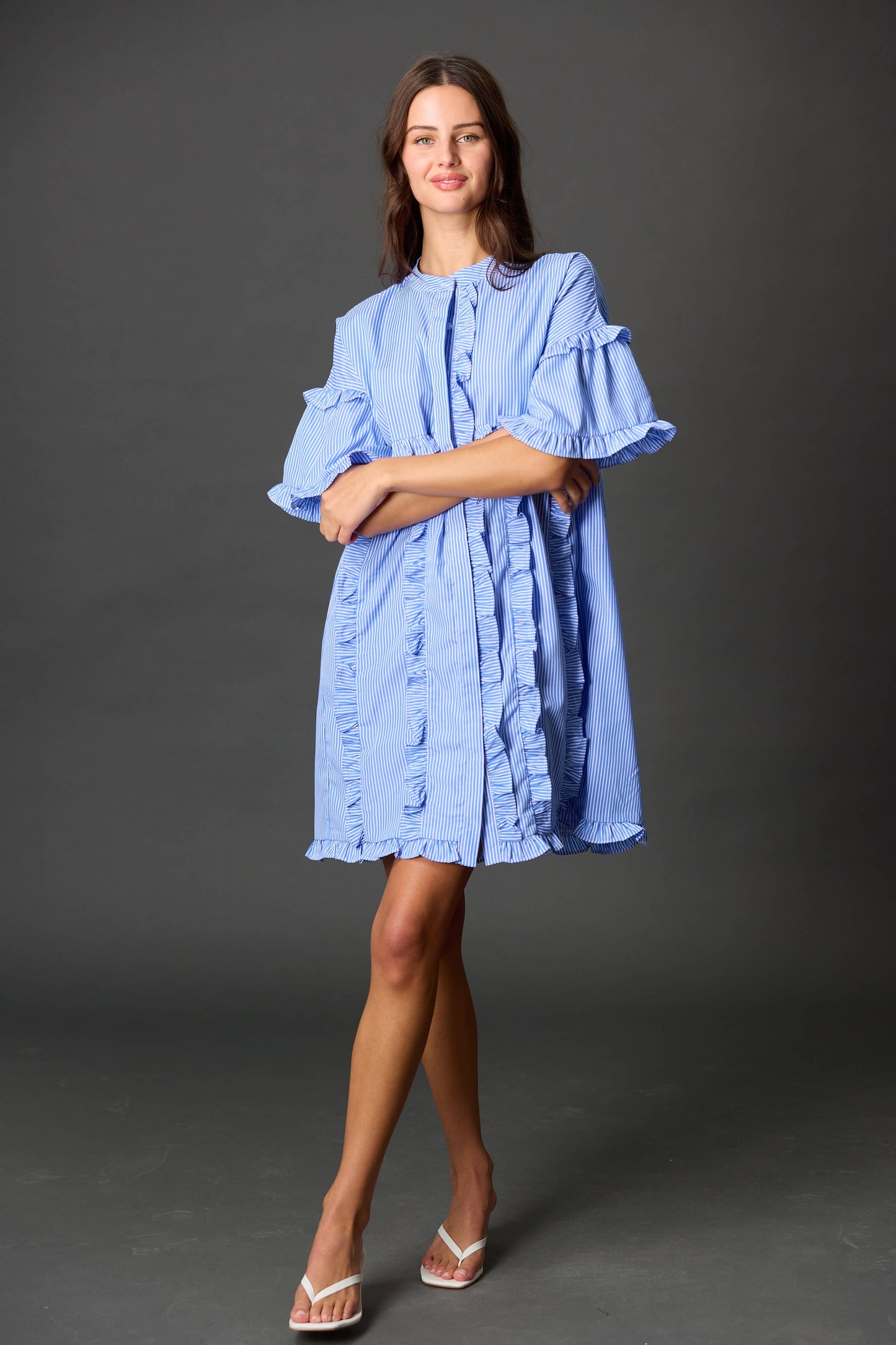 Blue Stripe Ruffled Detail Tunic Mini Dress