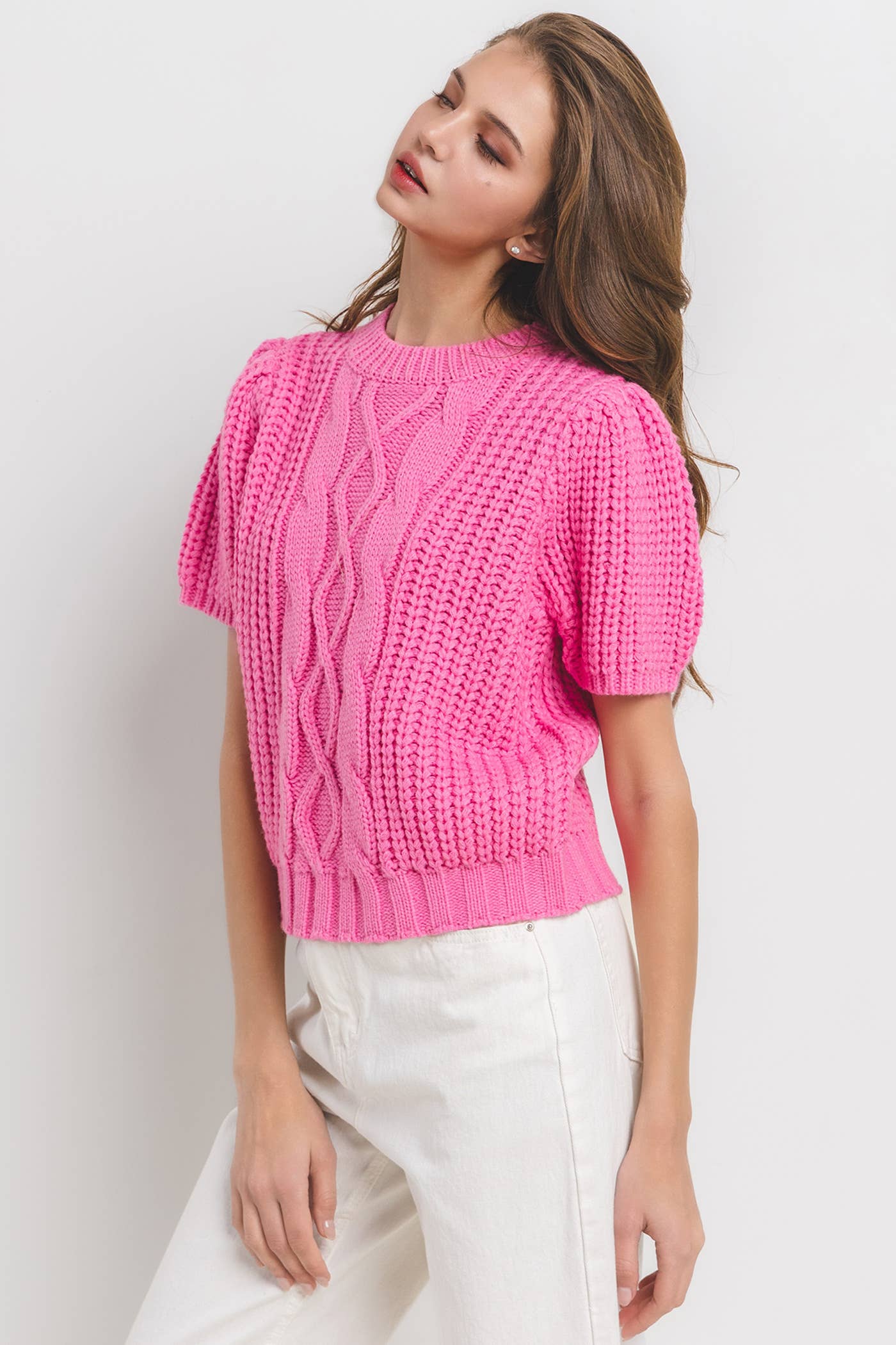 Puff Short Sleeve Cable Sweater Top / TIC13016