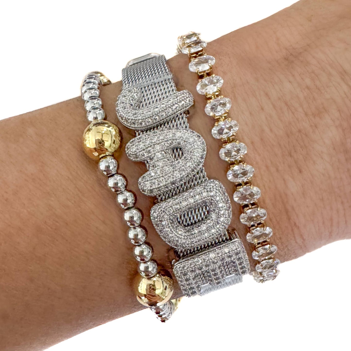 Silver Bubble Initial Custom Word Name Watch Charm Bracelet
