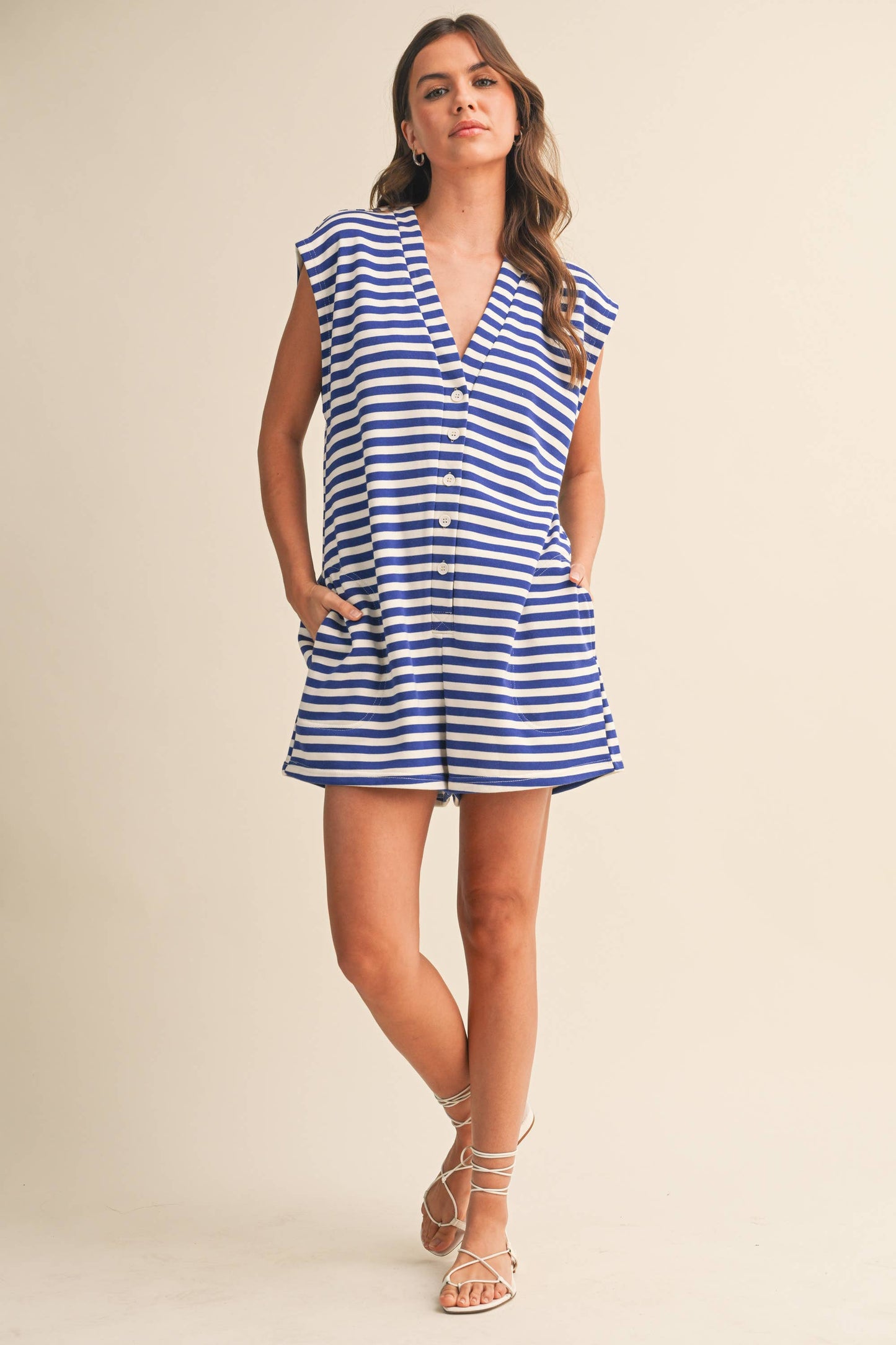 IR2384  SHORT SLEEVE STRIPED BUTTON DOWN ROMPER