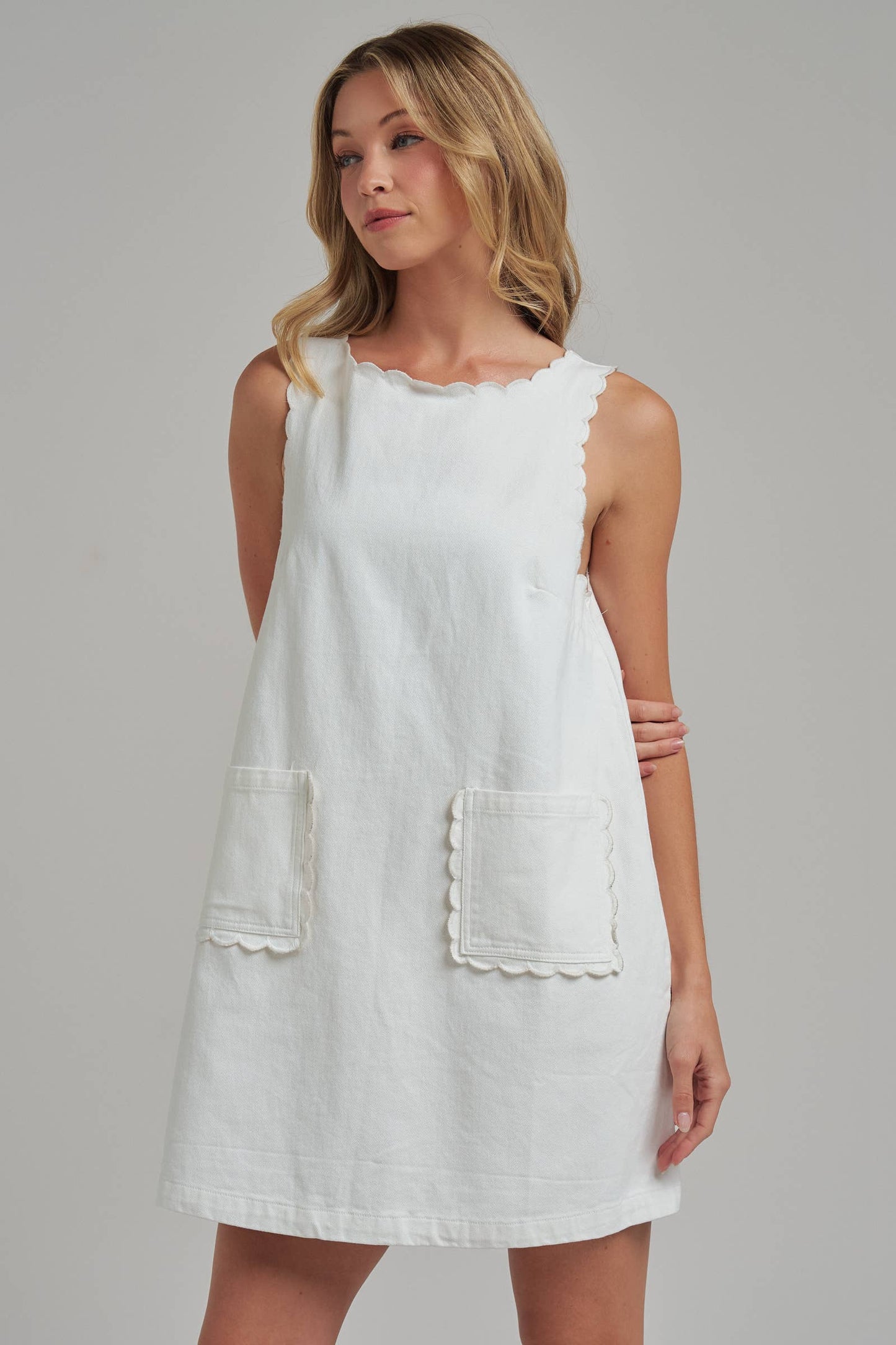 GAME DAY COLOR DENIM MINI DRESS WITH SCALLOPED EMBROIDERY