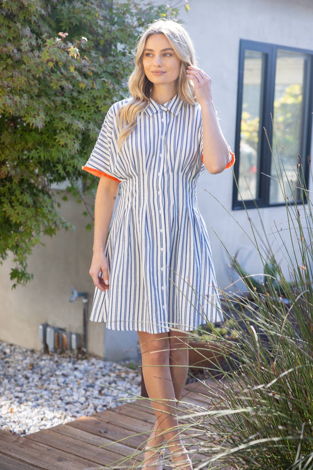36322 Pleated Waist Striped Mini Flare Shirt Dress