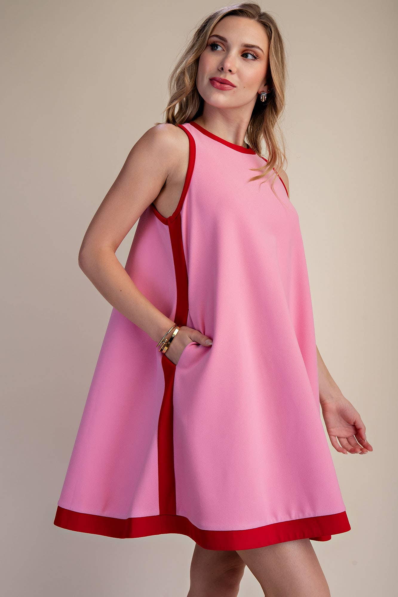 A-line Sleeveless Mini Dress With Round Neck Hem Contrast