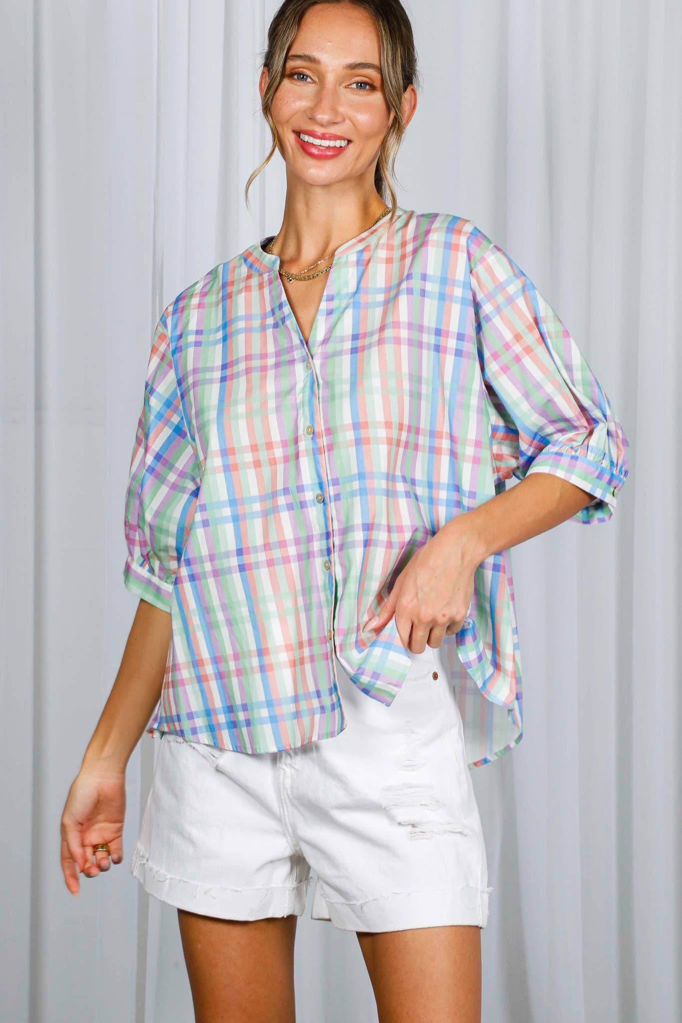 V-Neck Half Puff Sleeve Plaid 100%Cotton Blouse VT81945K