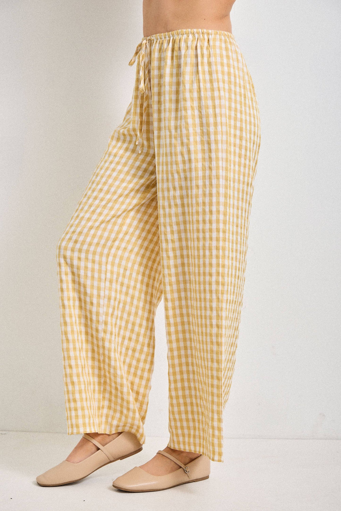 GINGHAM PRINT DRAWSTRING PANTS
