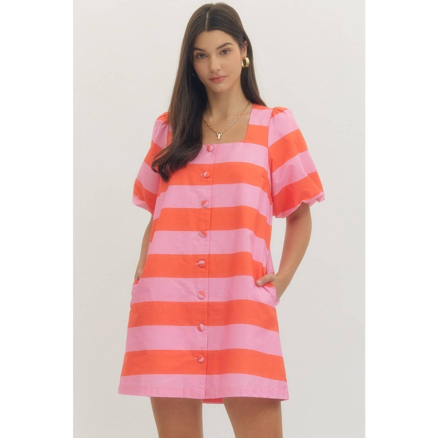 Bold stripe short puff sleeve mini dress