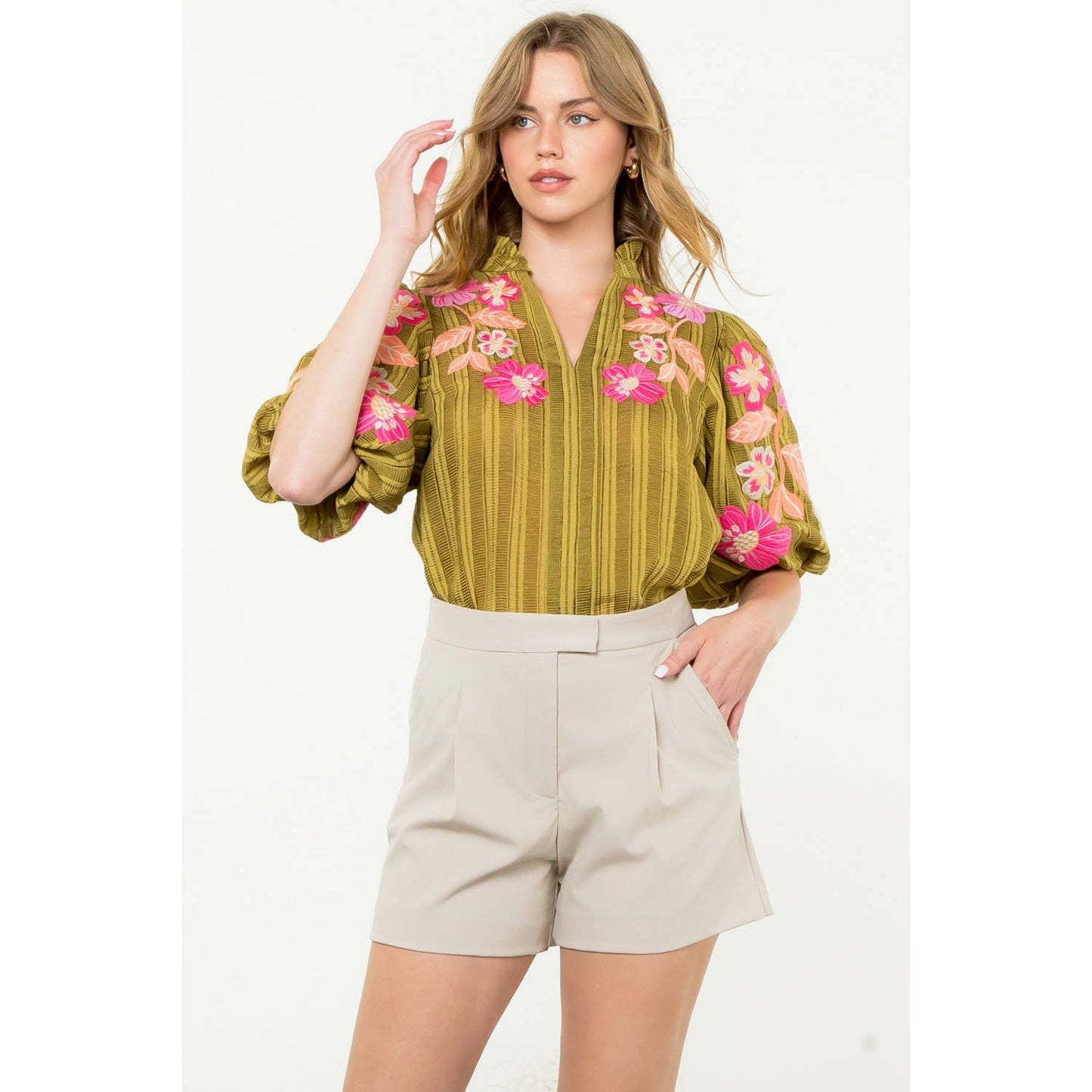 Embroidered Puff Sleeve Textured Top