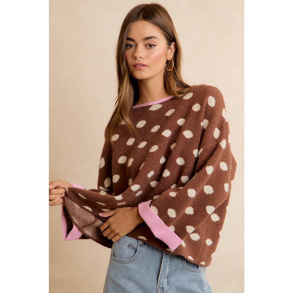 CONTRAST NECK AND ROLL UP DETAIL POLKA DOT SWEATER