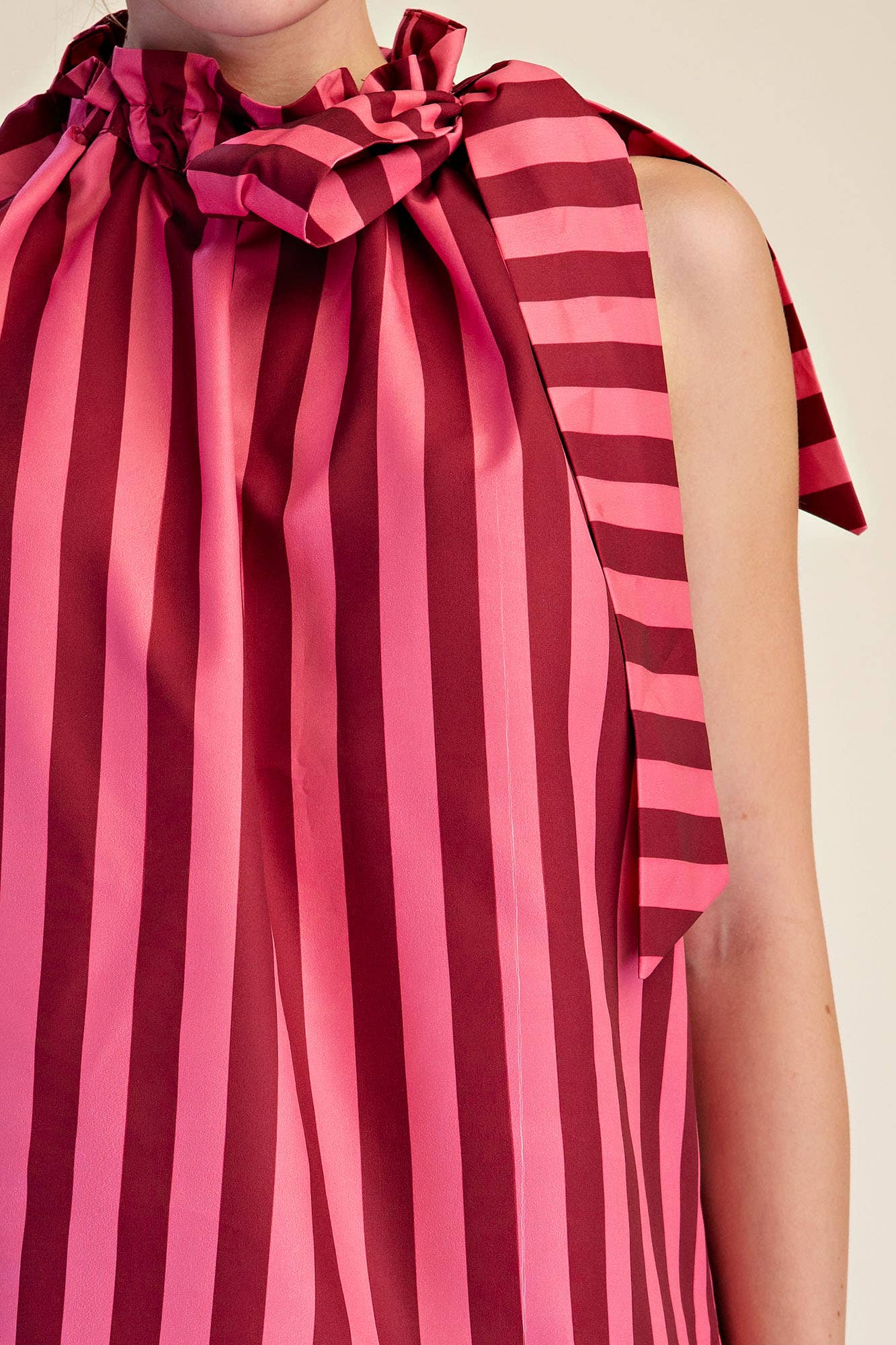 Ruffle Neck Tie Sleeveless Stripe Top