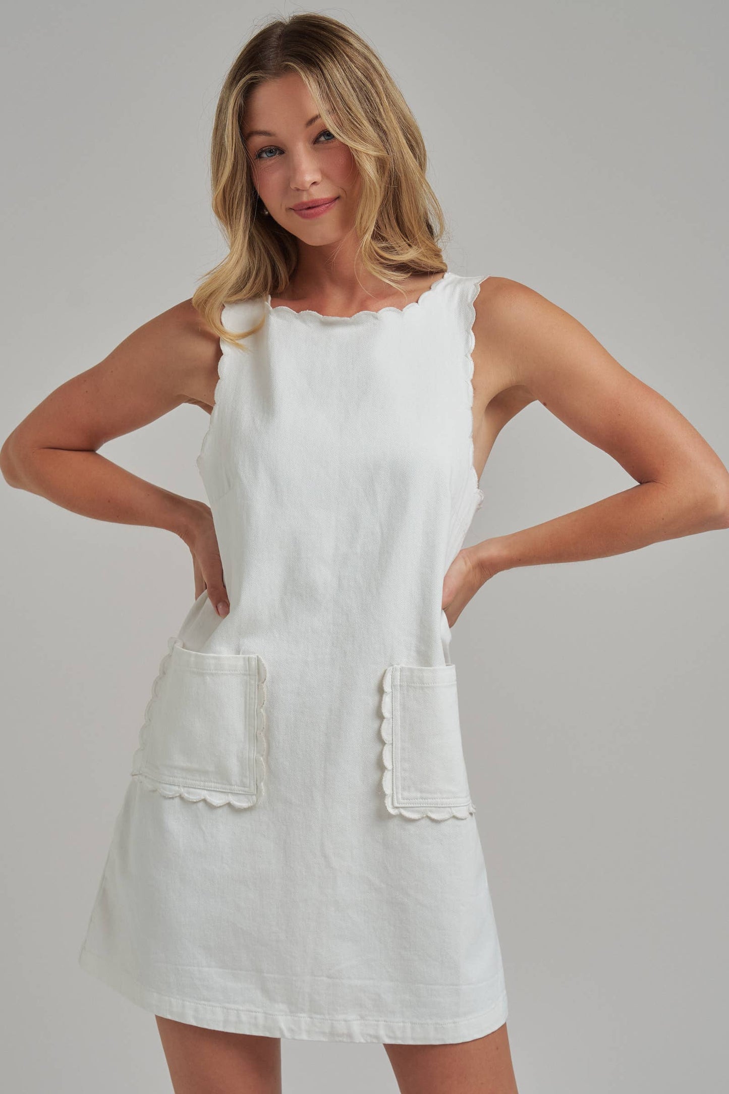 GAME DAY COLOR DENIM MINI DRESS WITH SCALLOPED EMBROIDERY