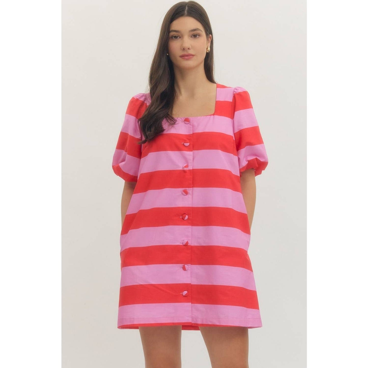 Bold stripe short puff sleeve mini dress