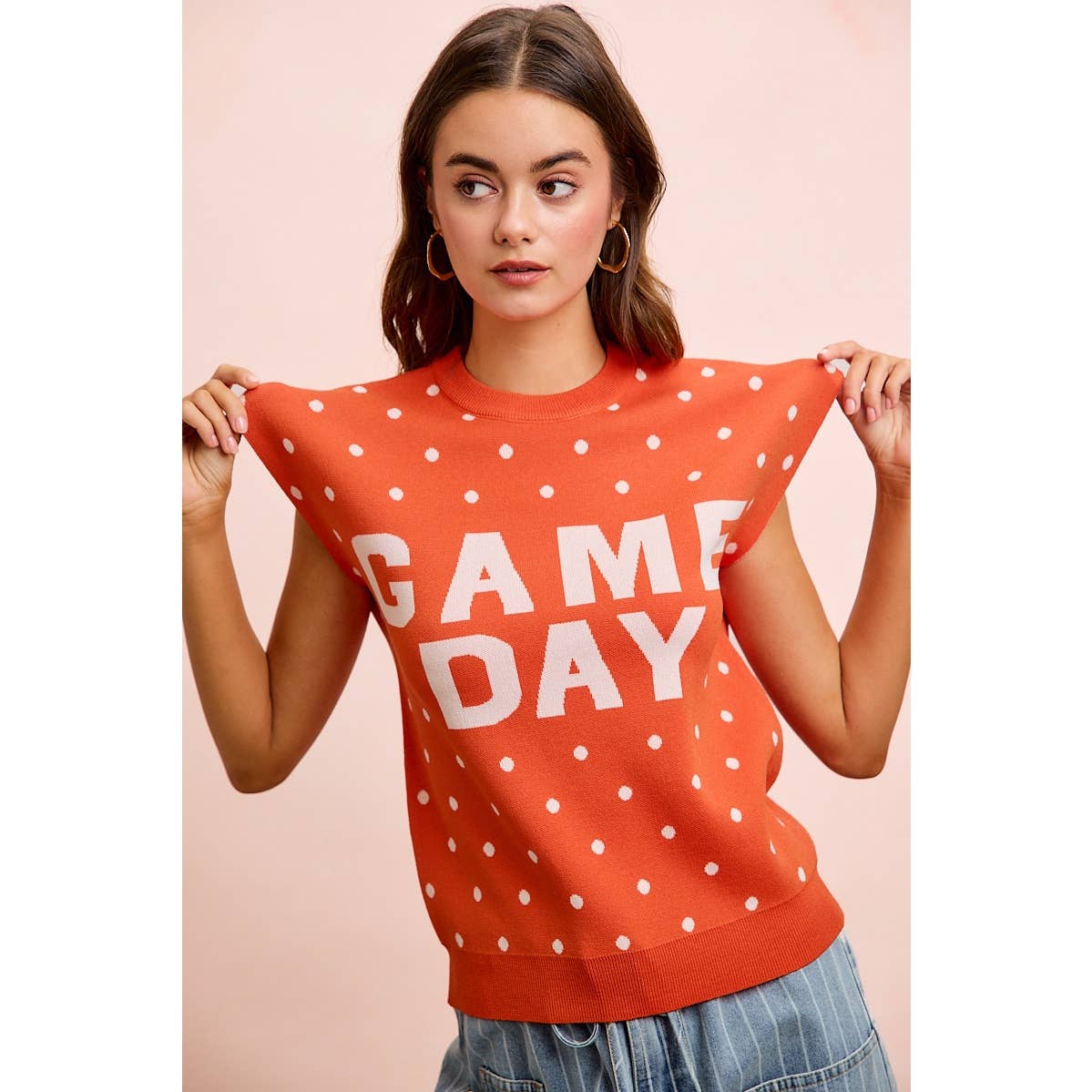 GAMEDAY LETTER AND POLKA DOTS SLEEVELESS KNIT TOP