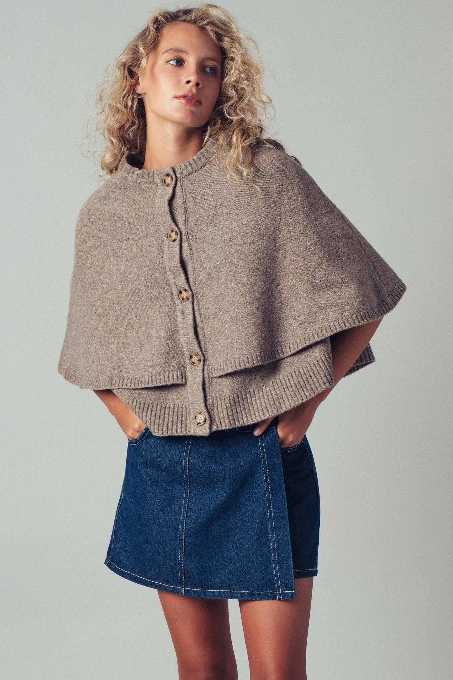 Chic Button-Front Wool Sweater Cape Layer