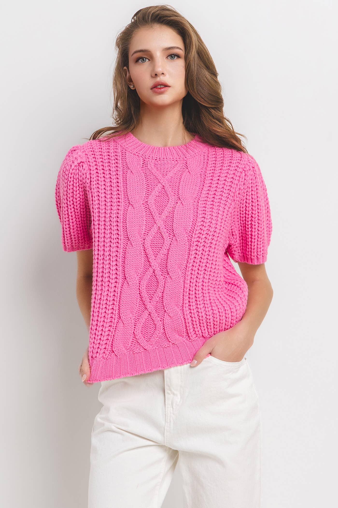 Puff Short Sleeve Cable Sweater Top / TIC13016