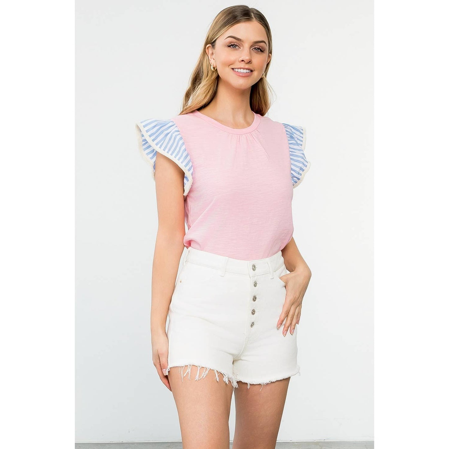 Colorblock Sleeve Knit Top with Ruffle Shoulder Trim