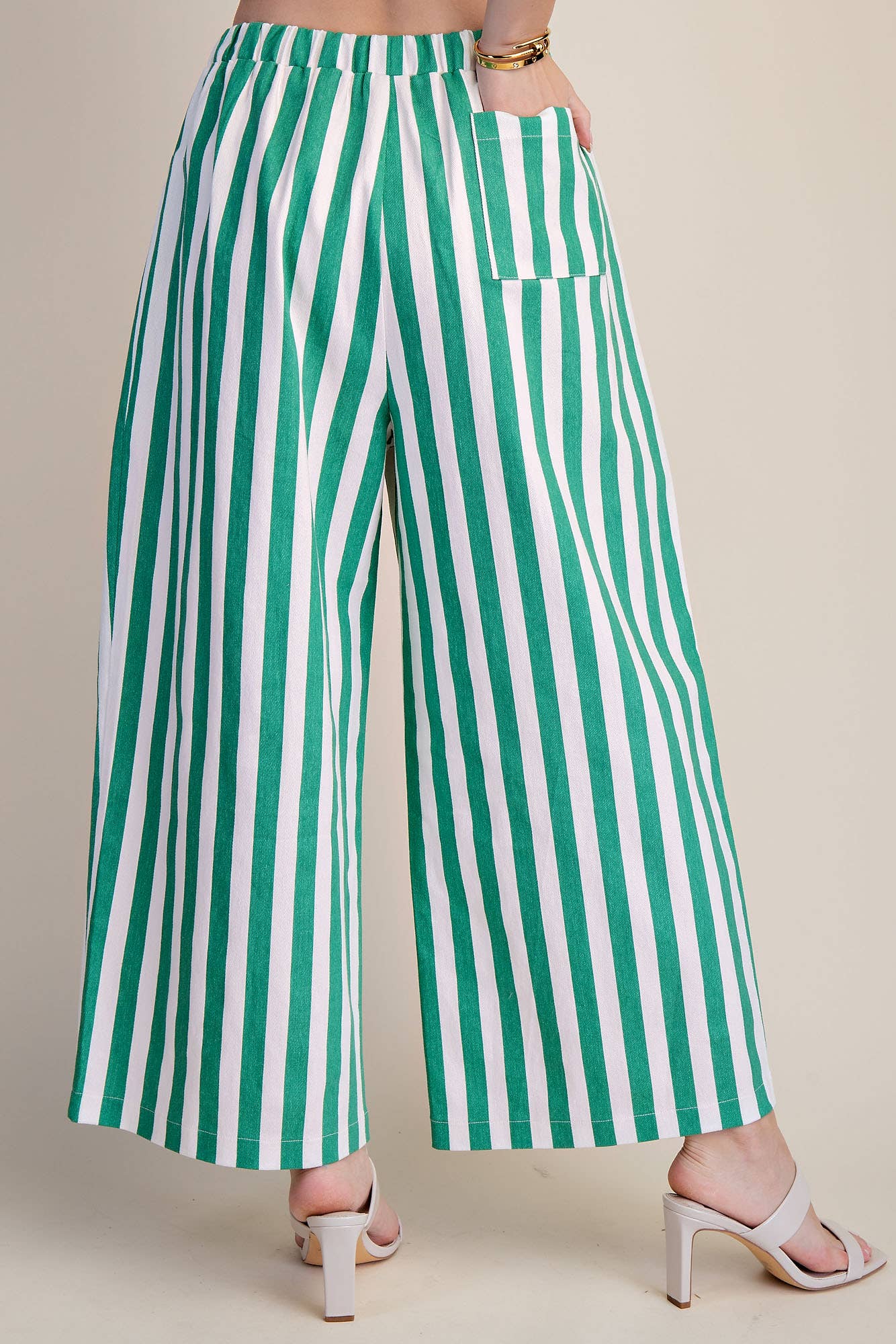 Stripe Wide Pants With Elastic Band Drawstring and Pockets