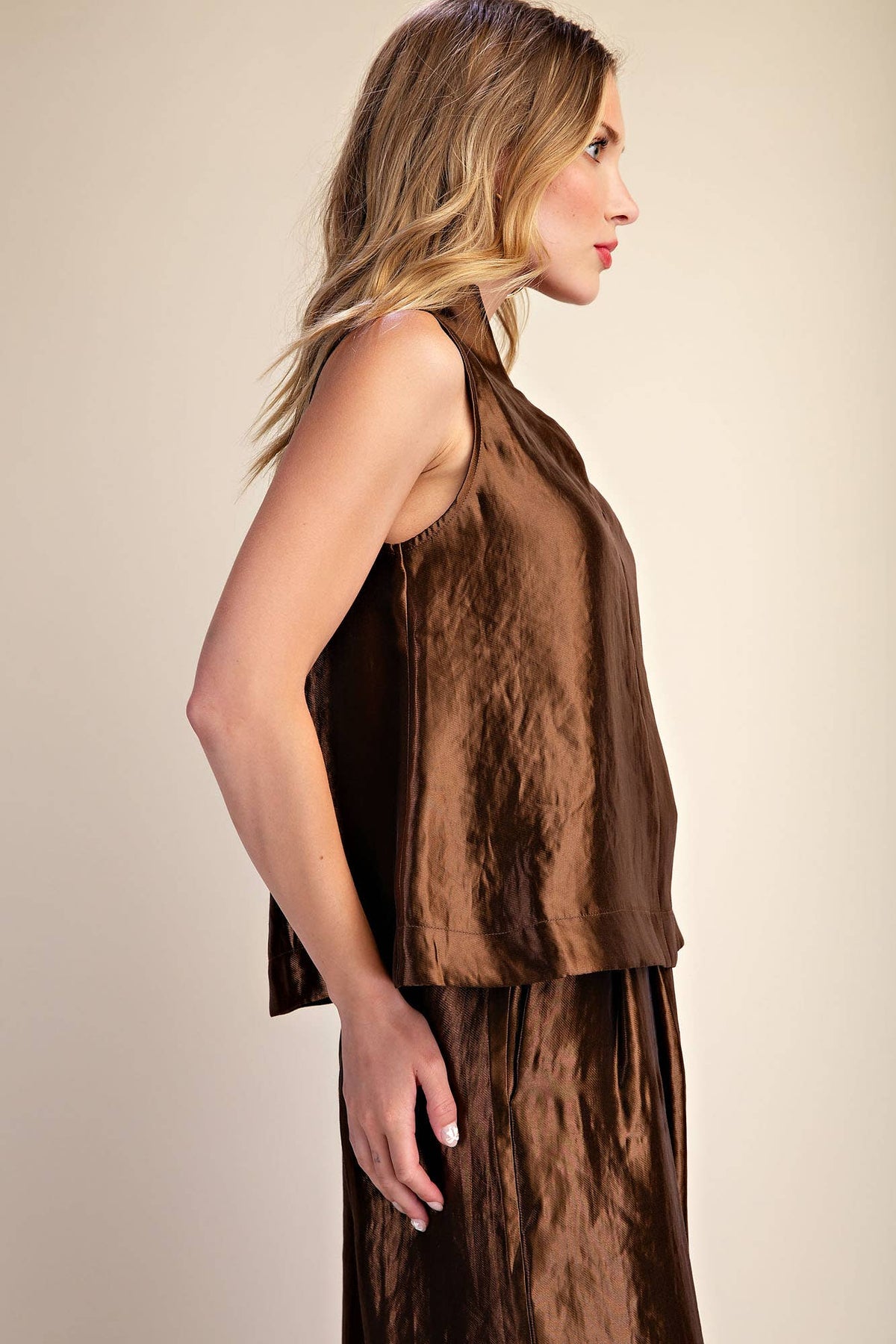 Stand Collar Slit V-Neck Sleeveless Top