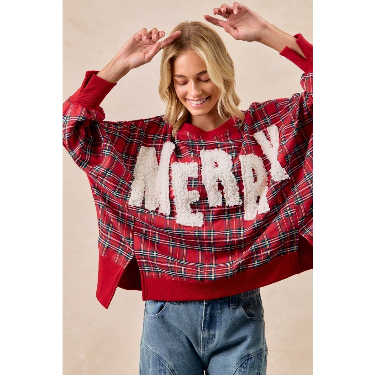 MERRY LETTER PATCHES CHRISTMAS PLAID SWEATSHIRT