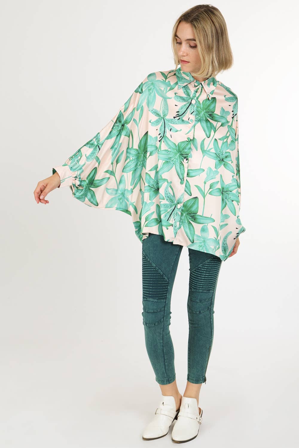 Contrast Botanic Printed Satin Blouse QC2177